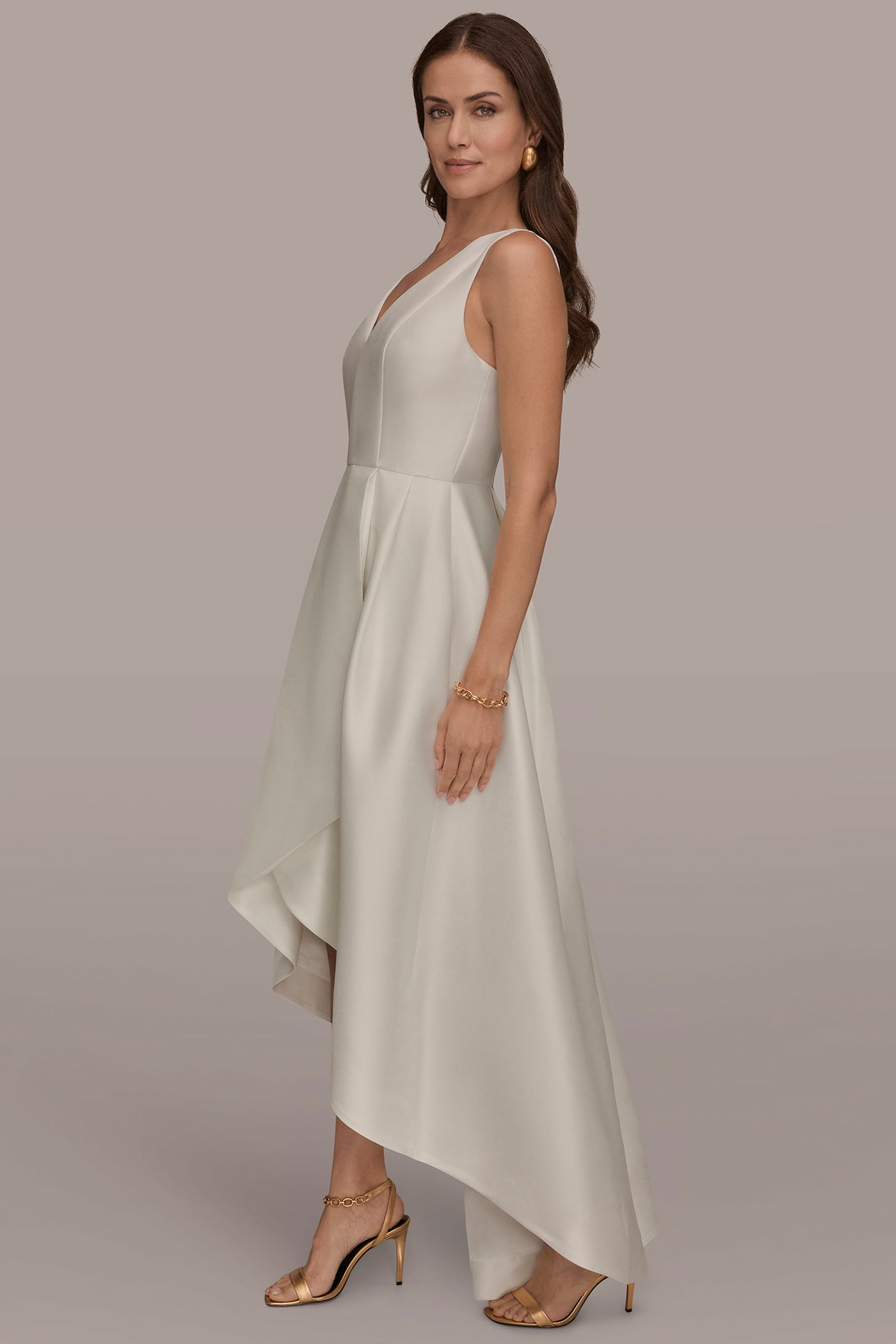 TAFFETA SLEEVELESS V-NECK HIGH-LOW GOWN VIEW 3 | New Arrivals