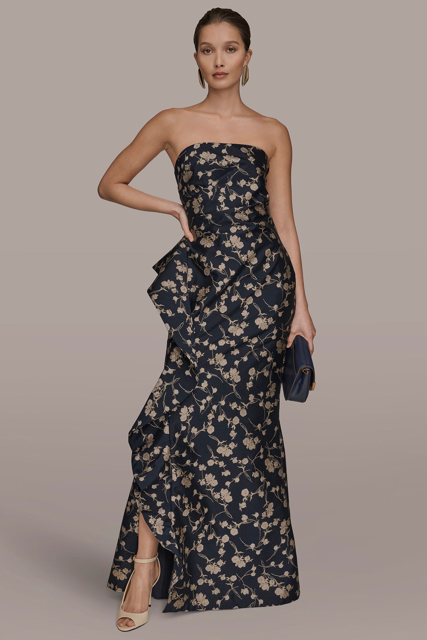 STRAPLESS FLORAL RUFFLED HIGH-SPLIT GOWN | View 1 | Dresses & Jumpsuits