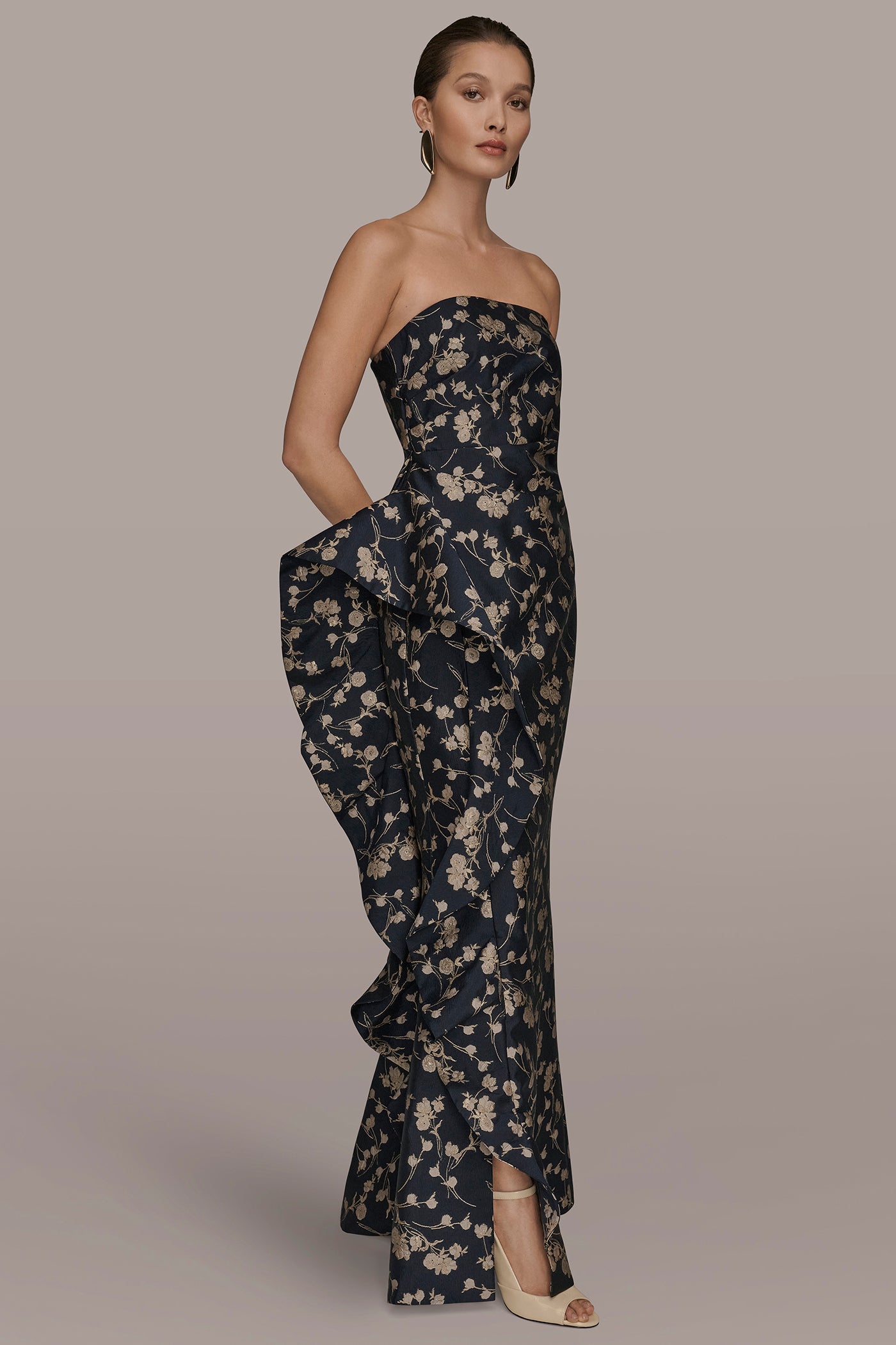 STRAPLESS FLORAL RUFFLED HIGH-SPLIT GOWN VIEW 3 | Dresses & Jumpsuits
