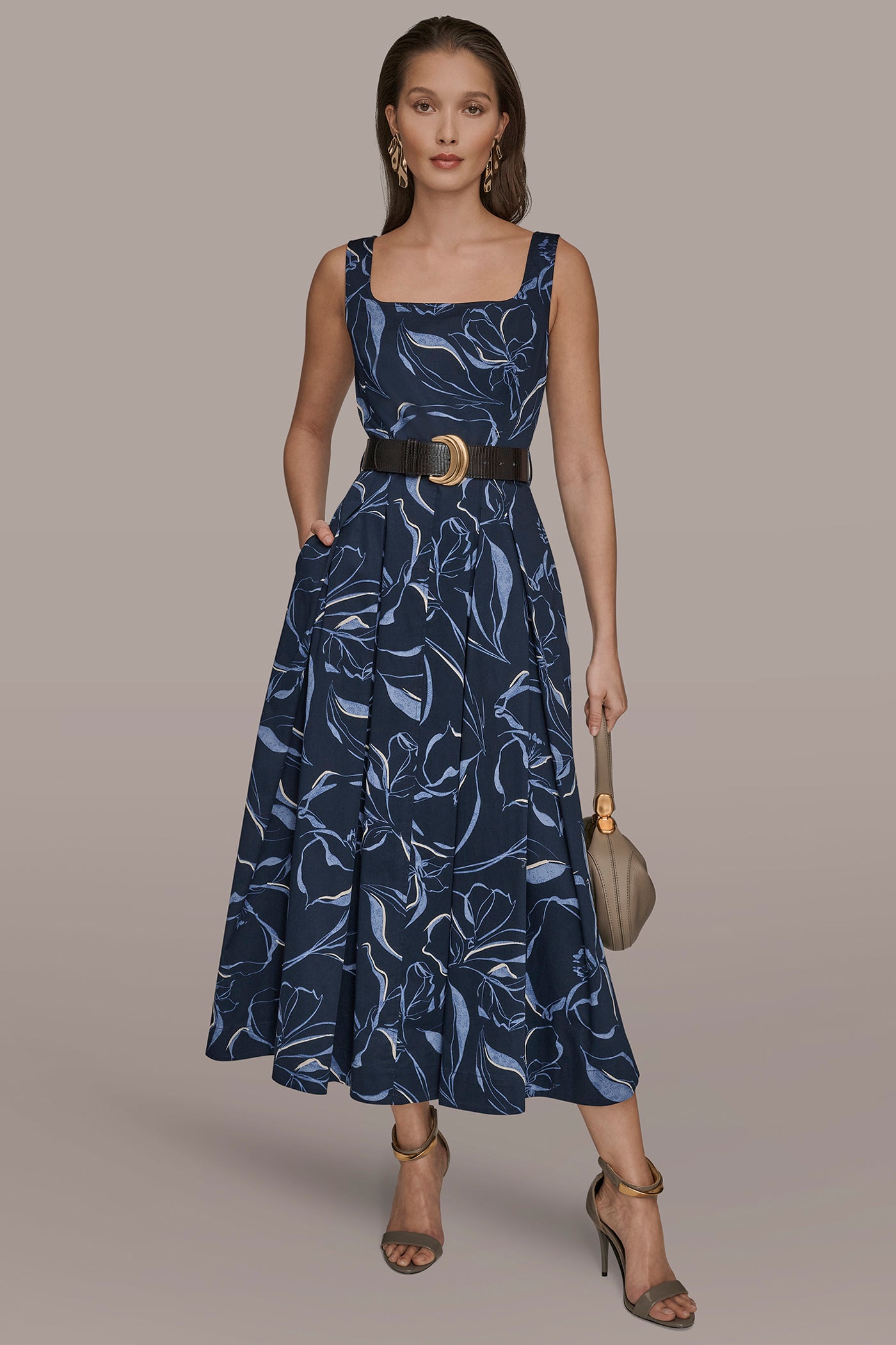 Donna Karan Women's Square Neck Belted A-Line Dress - Nightfall - 8 Donna Karan Women's Square Neck Belted A-Line Dress - Nightfall - 8