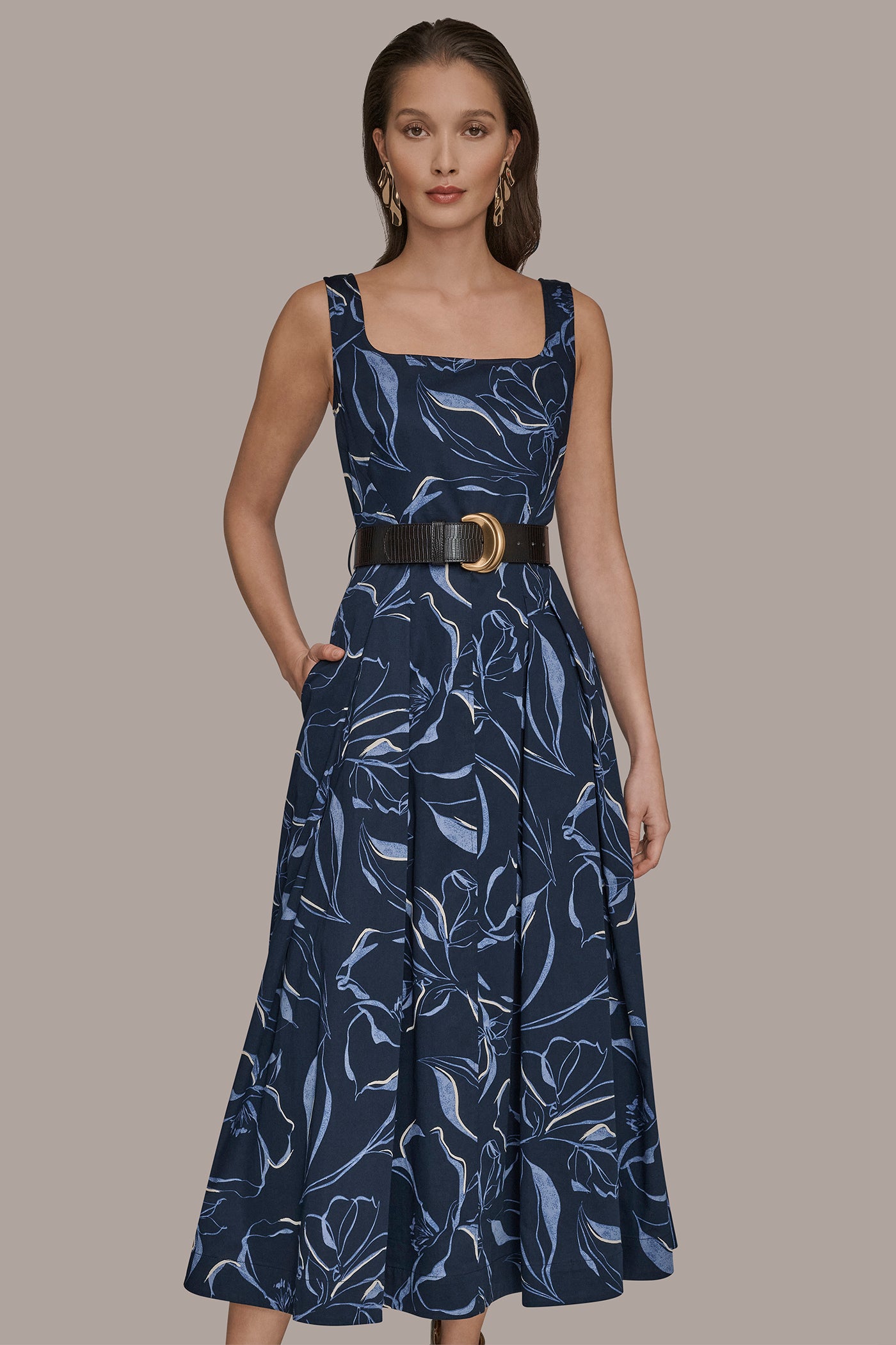 Donna Karan Belted Square Neck Dress - Nightfall Multi - 2 Donna Karan Belted Square Neck Dress - Nightfall Multi - 2