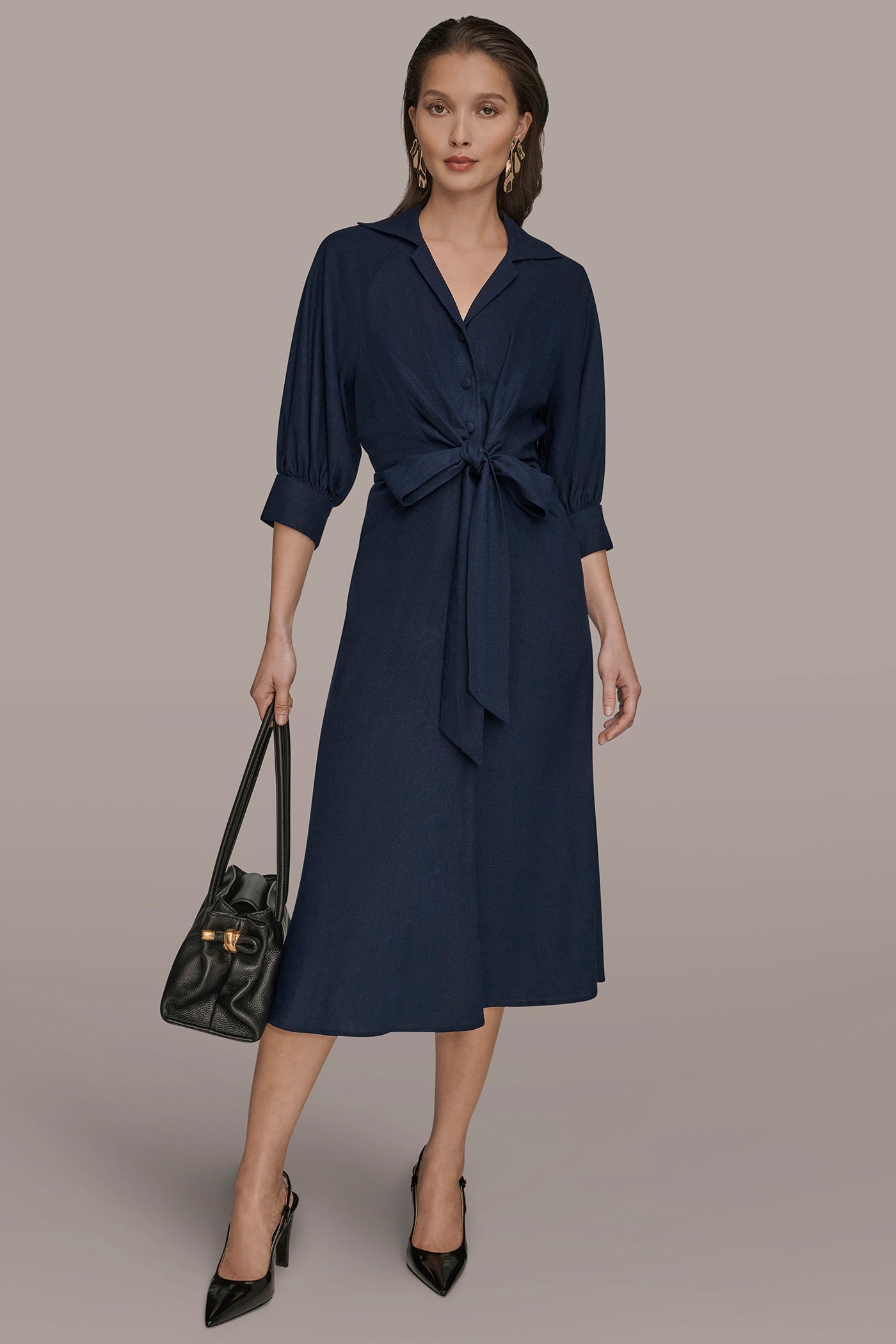 LINEN-BLEND PUFF SLEEVE MIDI SHIRT DRESS | View 1 | Dresses & Jumpsuits