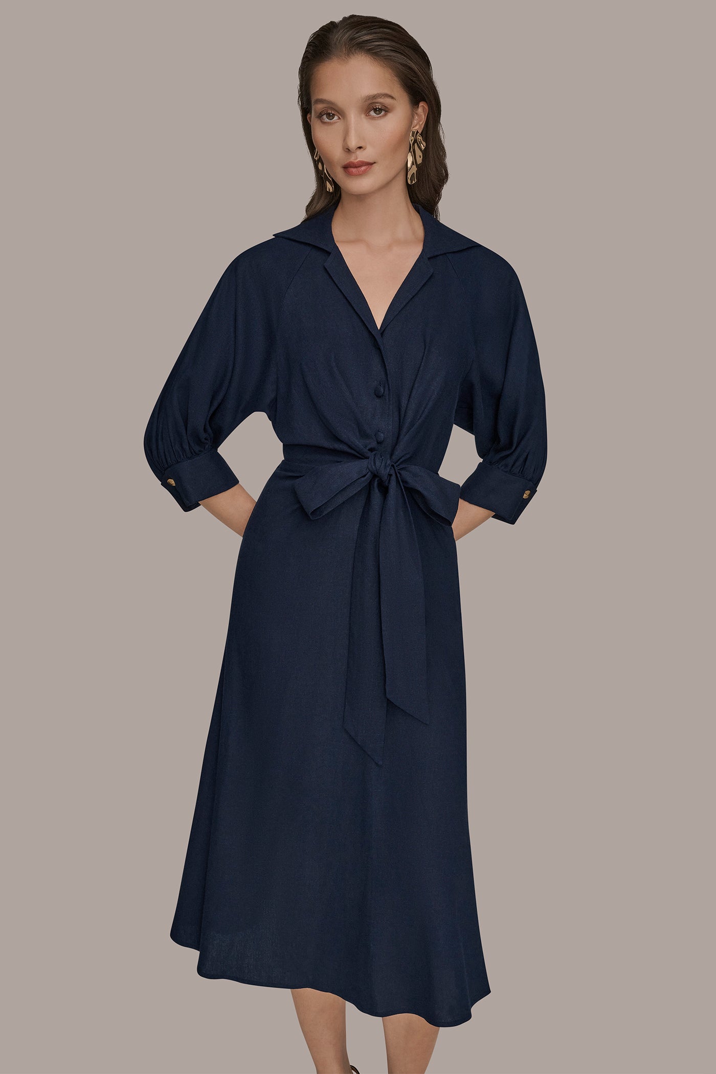 LINEN-BLEND PUFF SLEEVE MIDI SHIRT DRESS VIEW 7 | Dresses & Jumpsuits