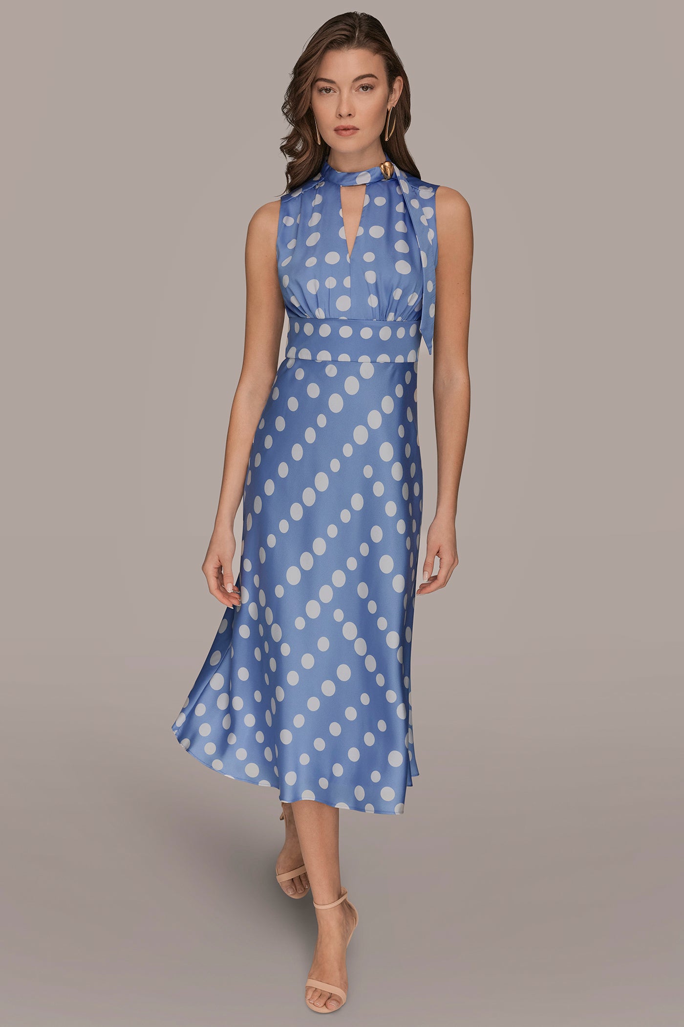 polka dot satin midi dress Donna Karan Women's Satin Polka-Dot Tie-Neck Midi Dress in Cielo/Cream Blue, Size 6