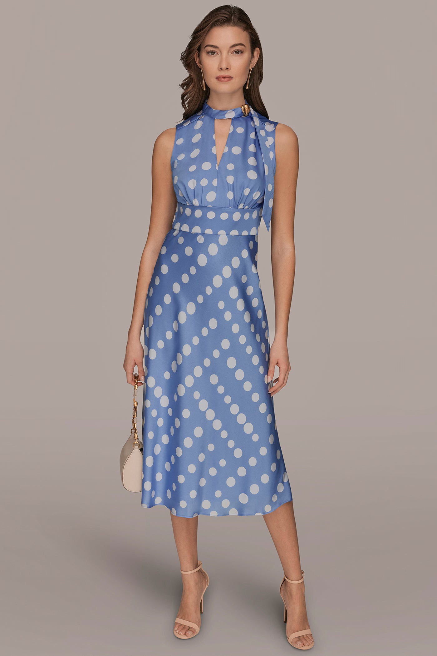 SATIN POLKA-DOT TIE-NECK MIDI DRESS | View 1 | New Arrivals