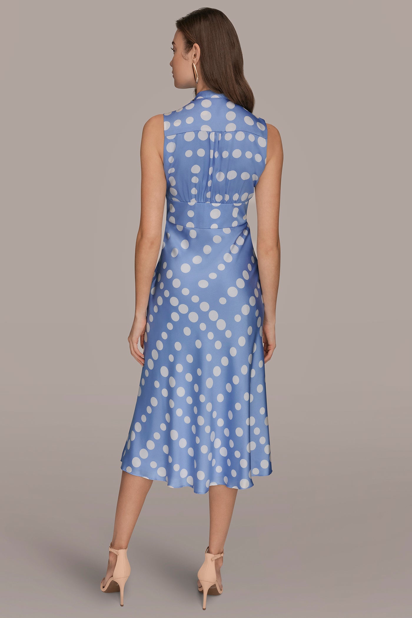 Satin Polka Dot Tie Neck Midi Dress | A-Line Dress | Donna Karan Satin Polka Dot Tie Neck Midi Dress | A-Line Dress | Donna Karan