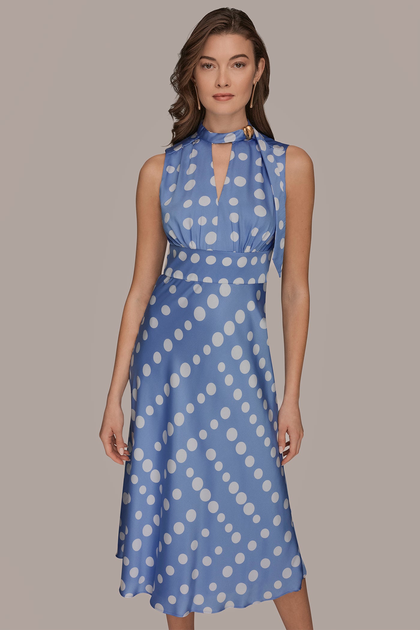 Donna Karan Women's Satin Polka-Dot Tie-Neck Midi Dress in Cielo/Cream Blue, Size 12