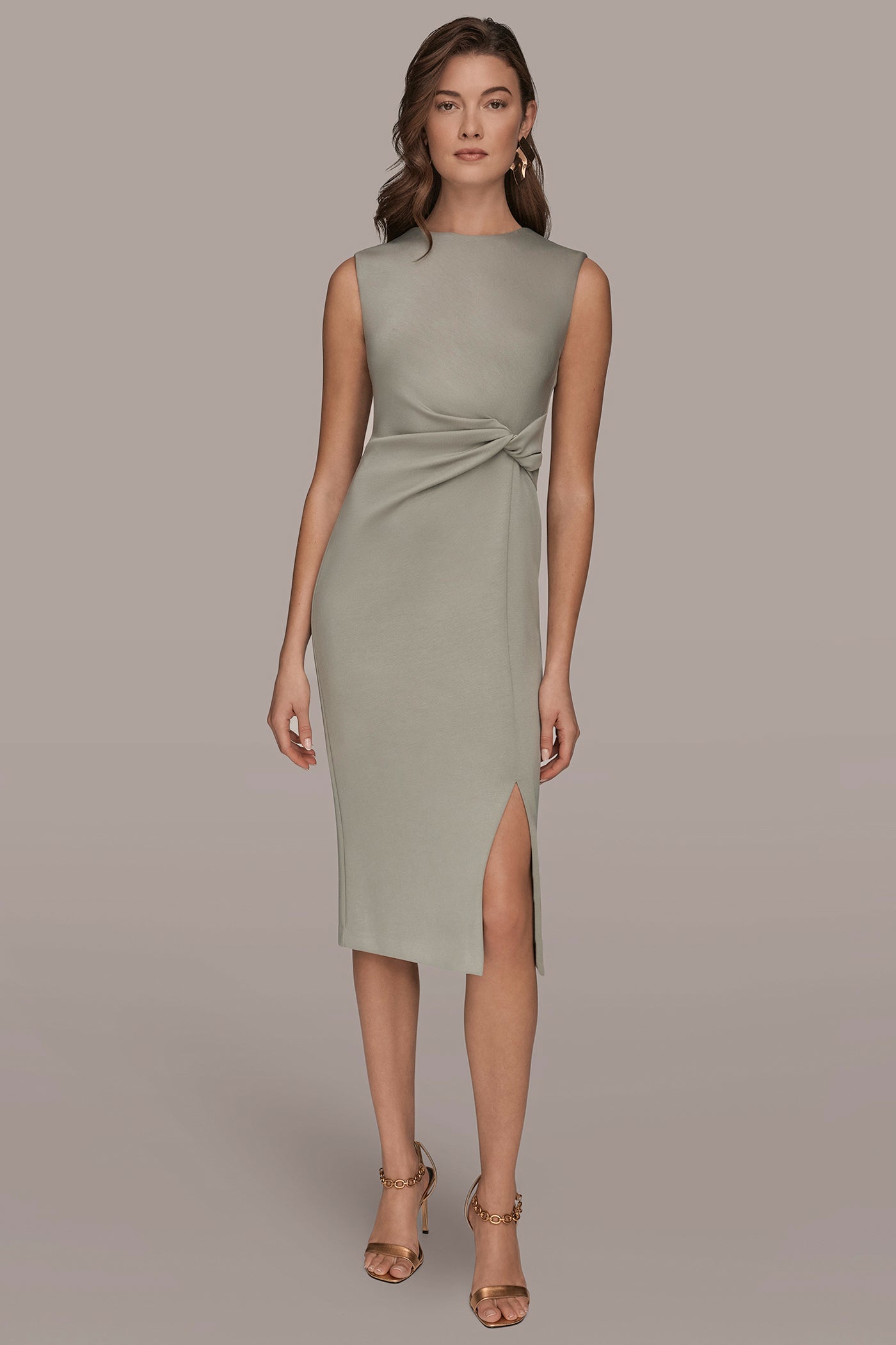 SLEEVELESS CREW-NECK TWIST MIDI SHEATH DRESS | View 1 | Dresses & Jumpsuits