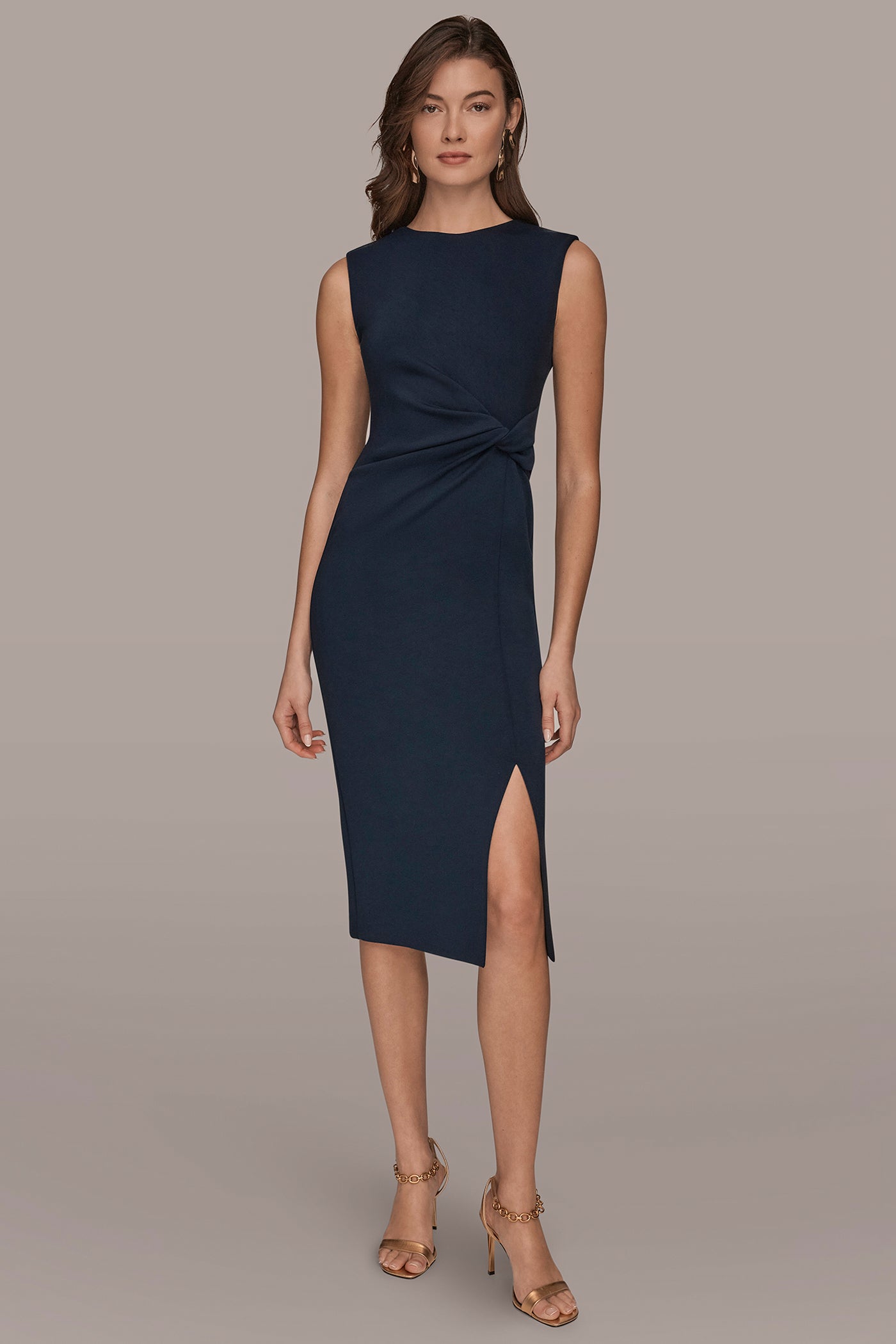 SLEEVELESS CREW-NECK TWIST MIDI SHEATH DRESS | View 1 | Dresses & Jumpsuits