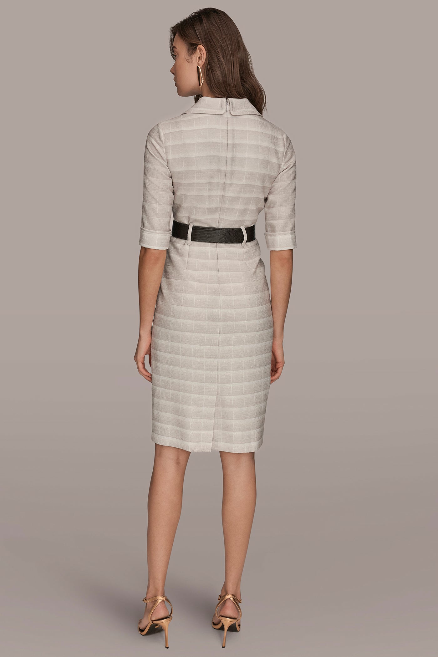 Donna Karan Women's Notched Lapel Striped Sheath Dress - Cream/Vapor Donna Karan Women's Notched Lapel Striped Sheath Dress - Cream/Vapor