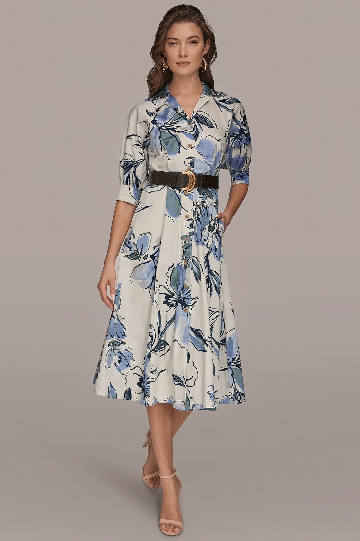 COTTON FLORAL MIDI SHIRT DRESS | View 1 | Dresses & Jumpsuits