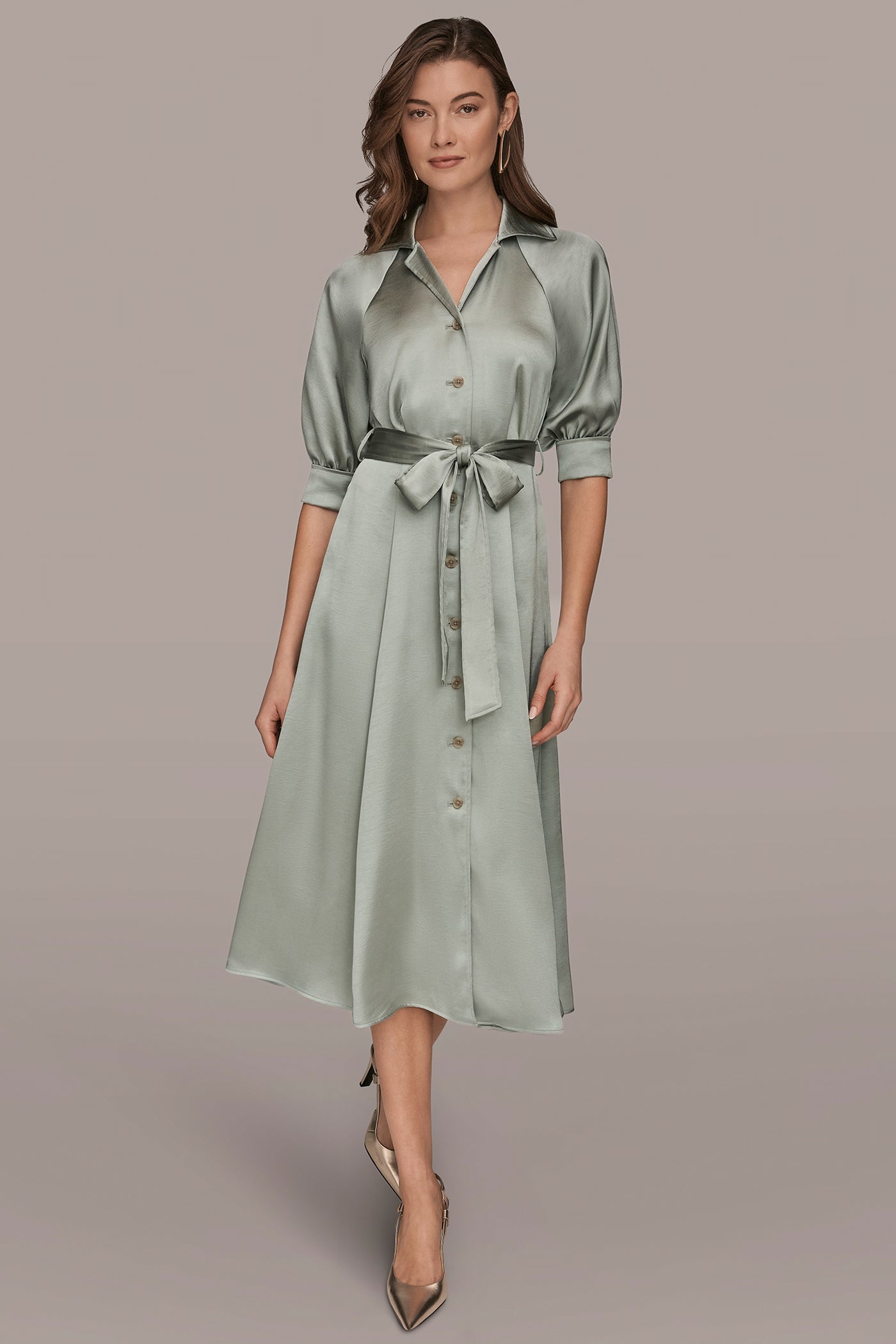 Donna Karan Women's Satin Midi Shirt Dress in Weathered Sage Donna Karan Women's Satin Midi Shirt Dress in Weathered Sage
