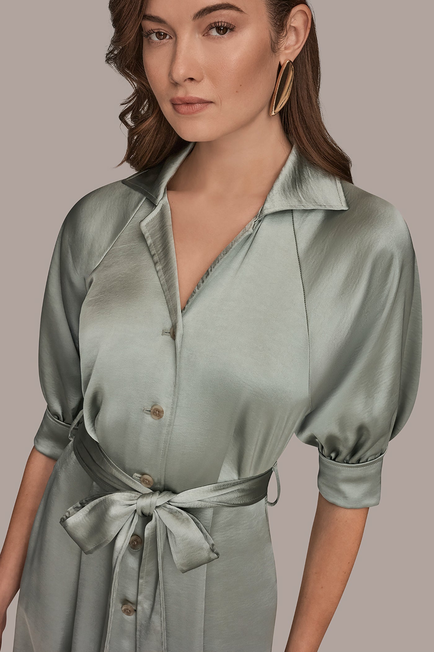 Donna Karan Women's Satin Midi Shirt Dress in Weathered Sage Donna Karan Women's Satin Midi Shirt Dress in Weathered Sage