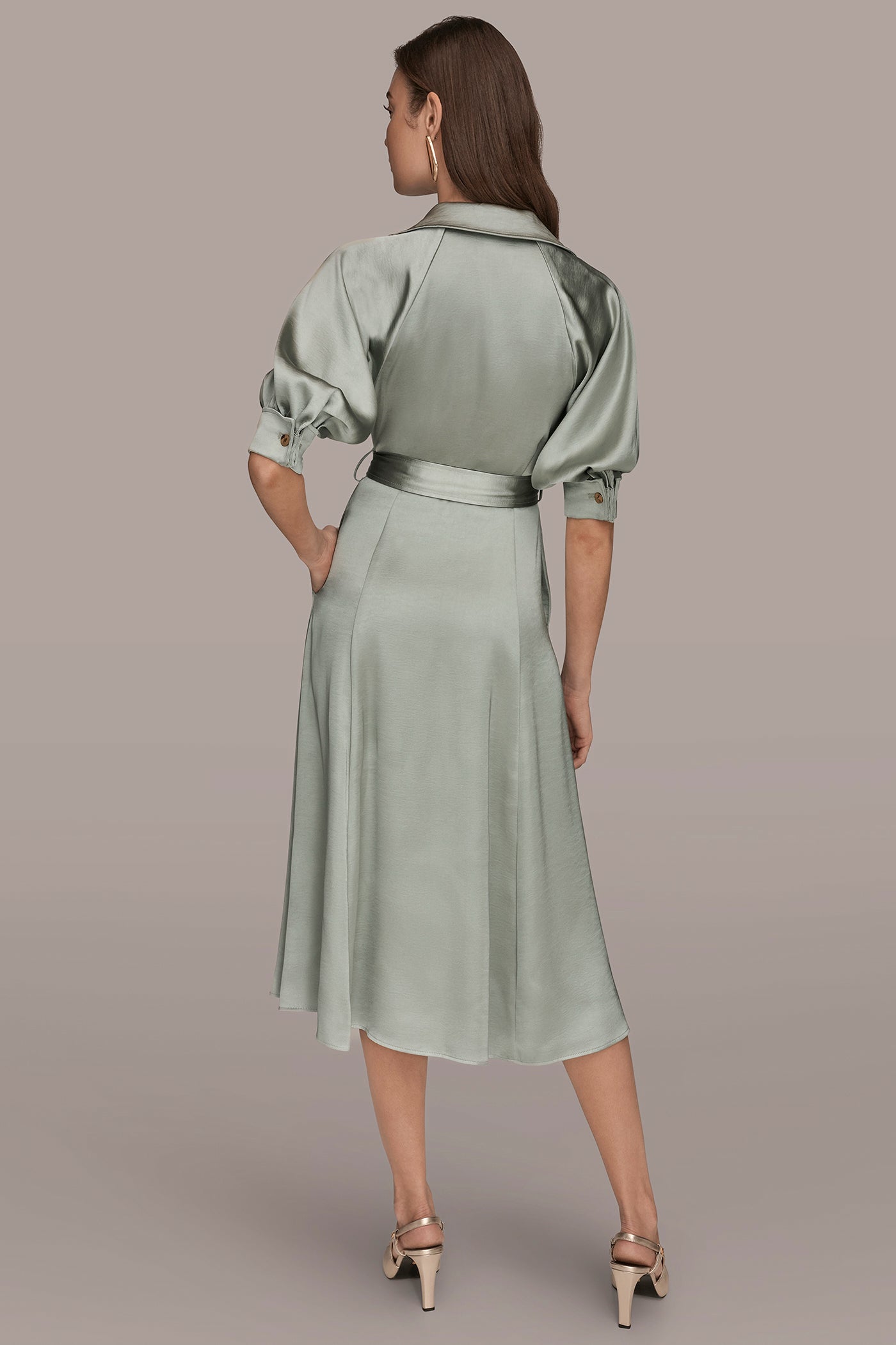 Donna Karan Women's Satin Midi Shirt Dress in Weathered Sage Donna Karan Women's Satin Midi Shirt Dress in Weathered Sage