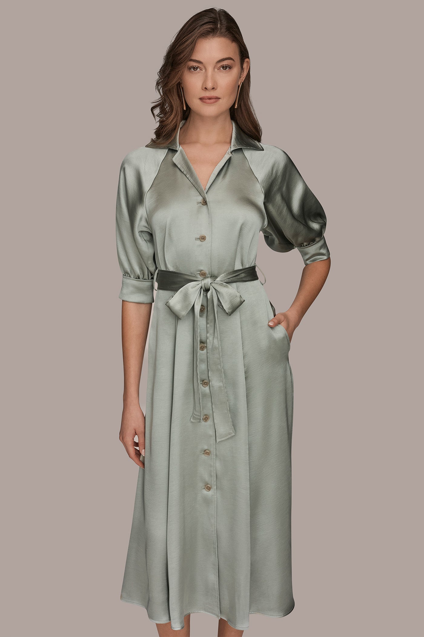 Donna Karan Women's Satin Midi Shirt Dress in Weathered Sage Donna Karan Women's Satin Midi Shirt Dress in Weathered Sage