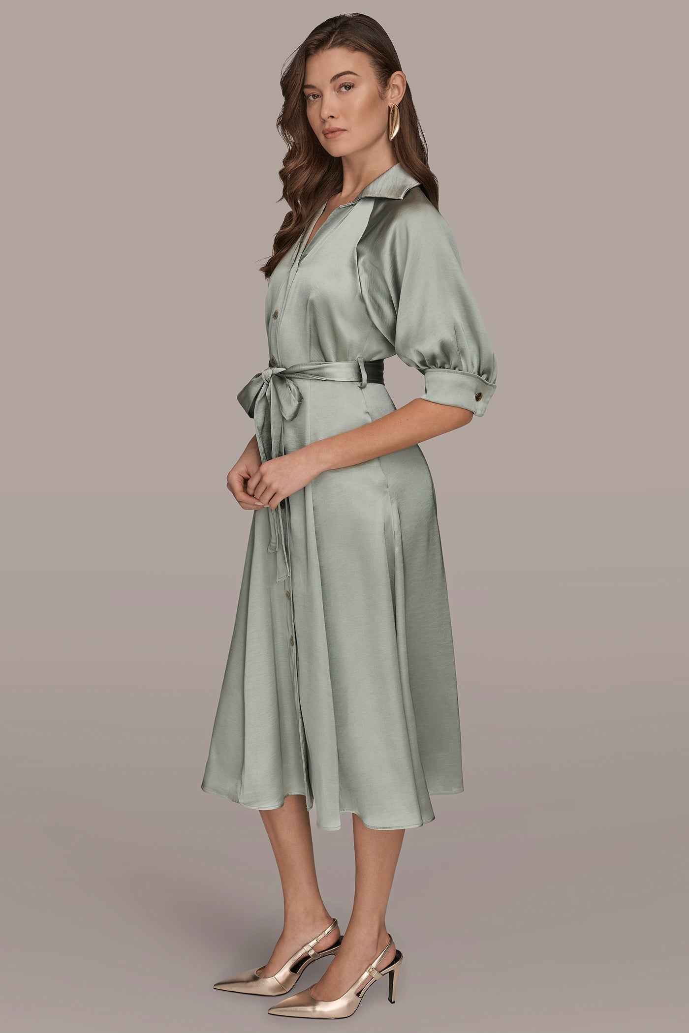 Donna Karan Women's Satin Midi Shirt Dress in Weathered Sage Donna Karan Women's Satin Midi Shirt Dress in Weathered Sage