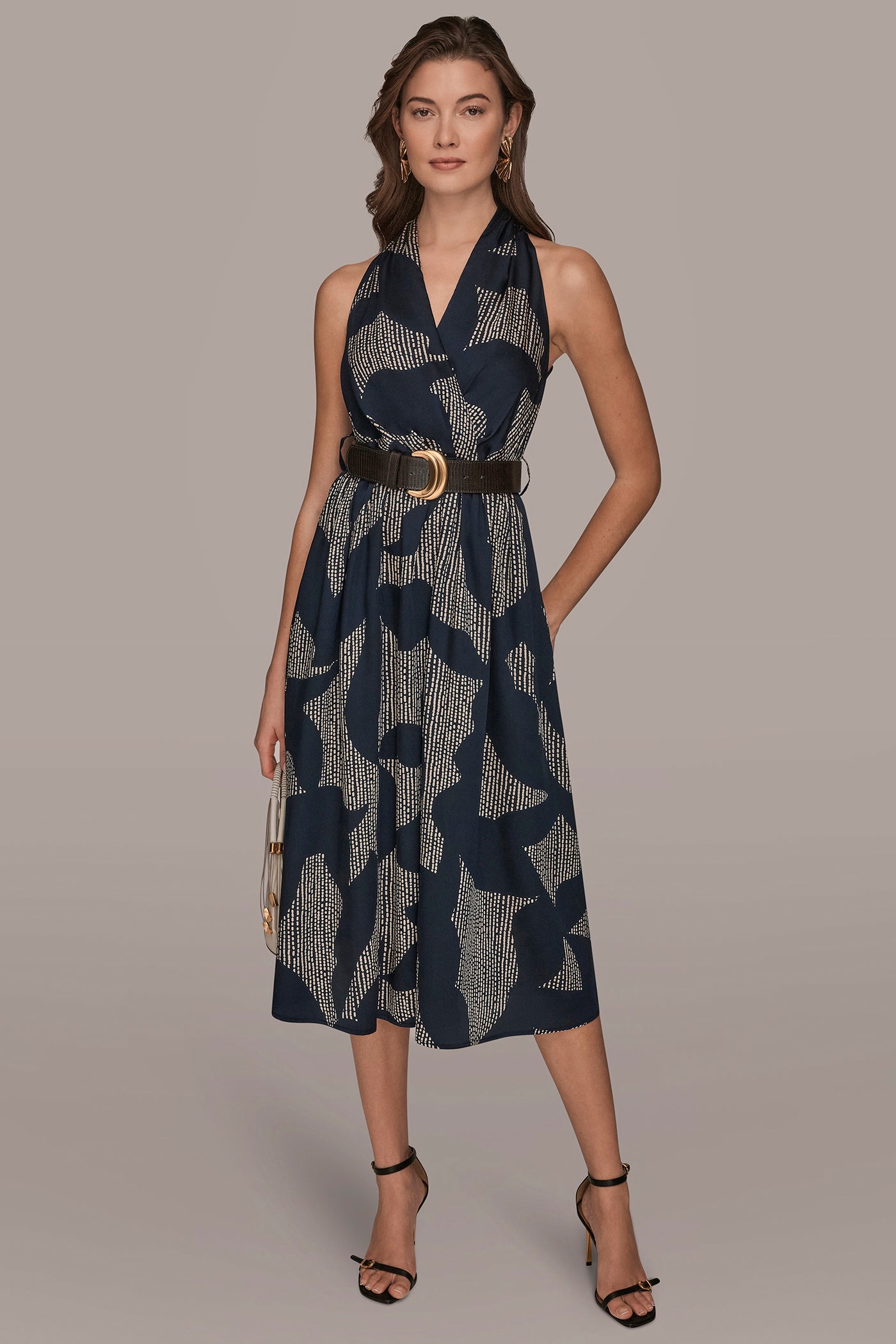 Donna Karan Women's Printed Wrap Midi Halter Dress in Nightfall/Sand Donna Karan Women's Printed Wrap Midi Halter Dress in Nightfall/Sand