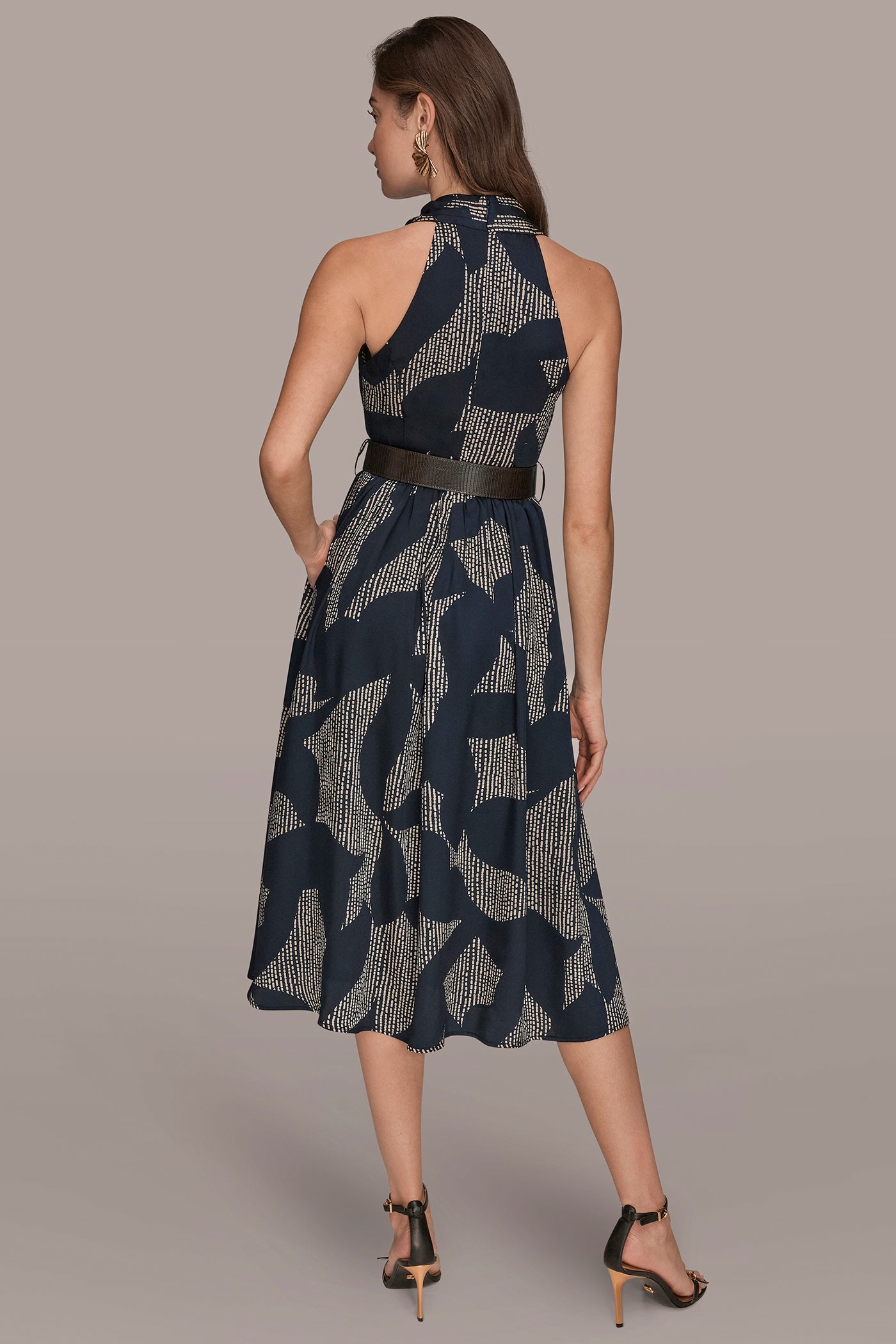 donna karan print halter neck midi dress Donna Karan Women's Sleeveless Print Midi Halter Dress in Nightfall Multi Blue, Size 12