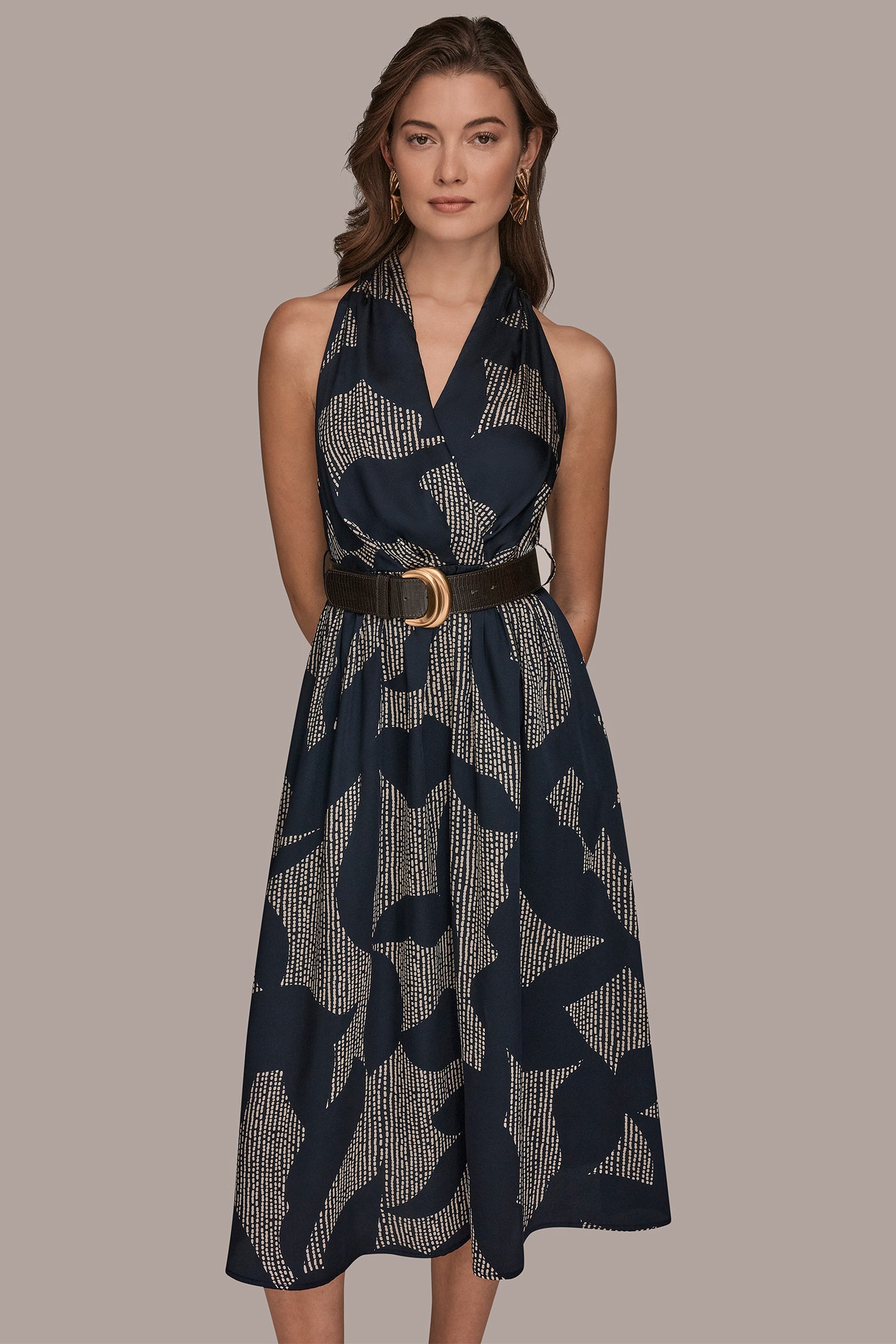 Donna Karan Women's Printed Wrap Midi Halter Dress in Nightfall/Sand Donna Karan Women's Printed Wrap Midi Halter Dress in Nightfall/Sand