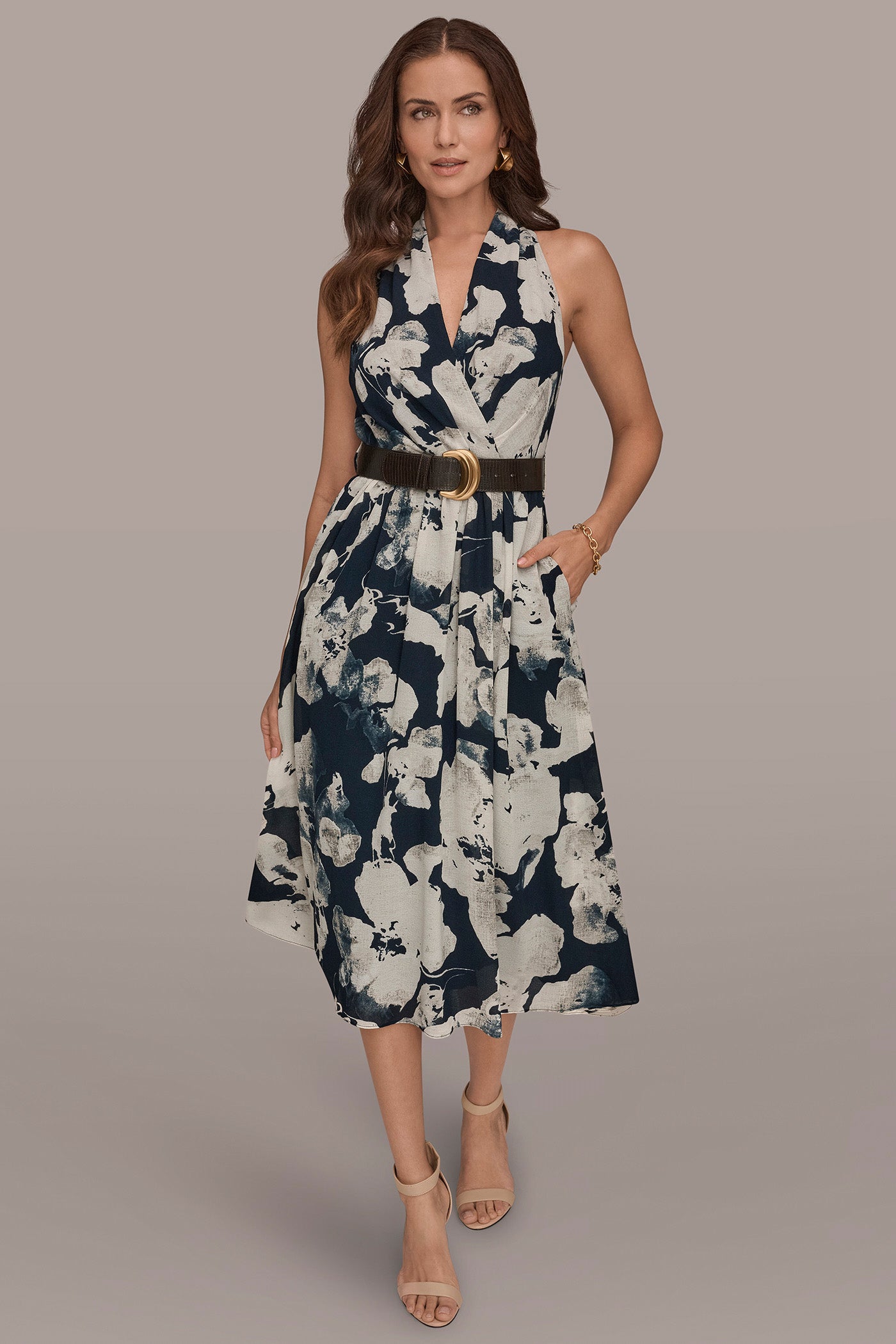 chiffon halter midi dress Floral Meta Chiffon Tiered Halter Midi Dress In Blue Multi, Blue Multi / Regular / M