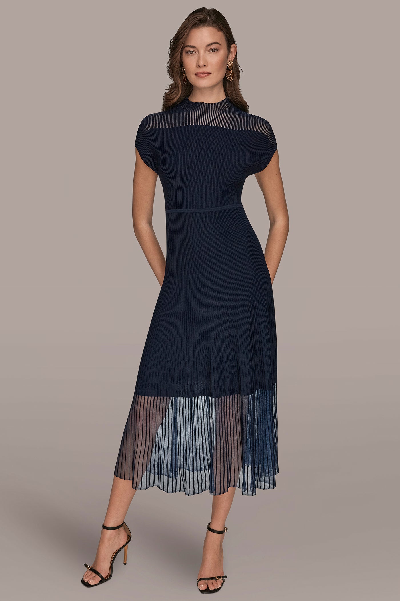 CAP SLEEVE ILLUSION KNIT A-LINE MIDI DRESS | View 1 | Dresses & Jumpsuits