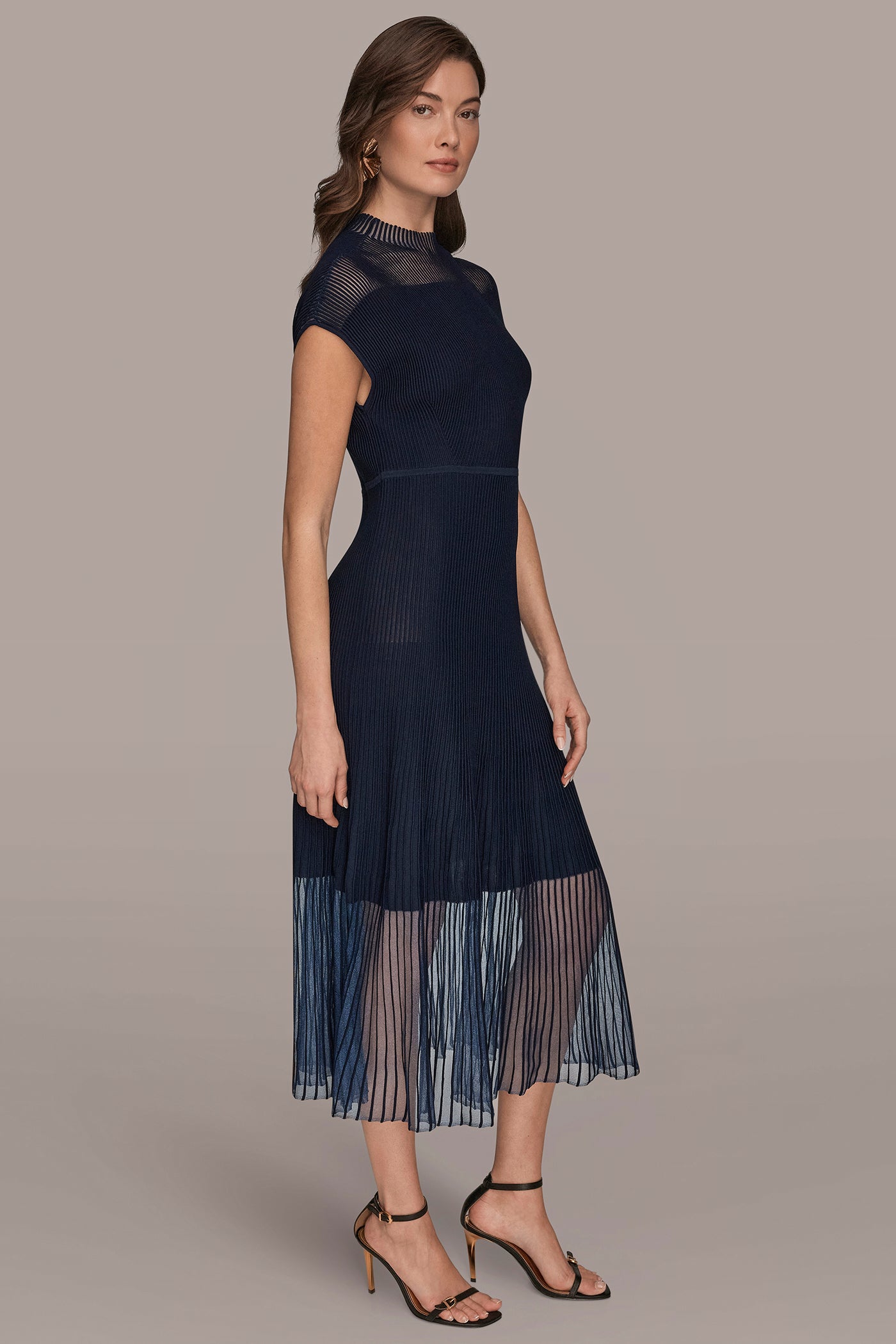 CAP SLEEVE ILLUSION KNIT A-LINE MIDI DRESS VIEW 3