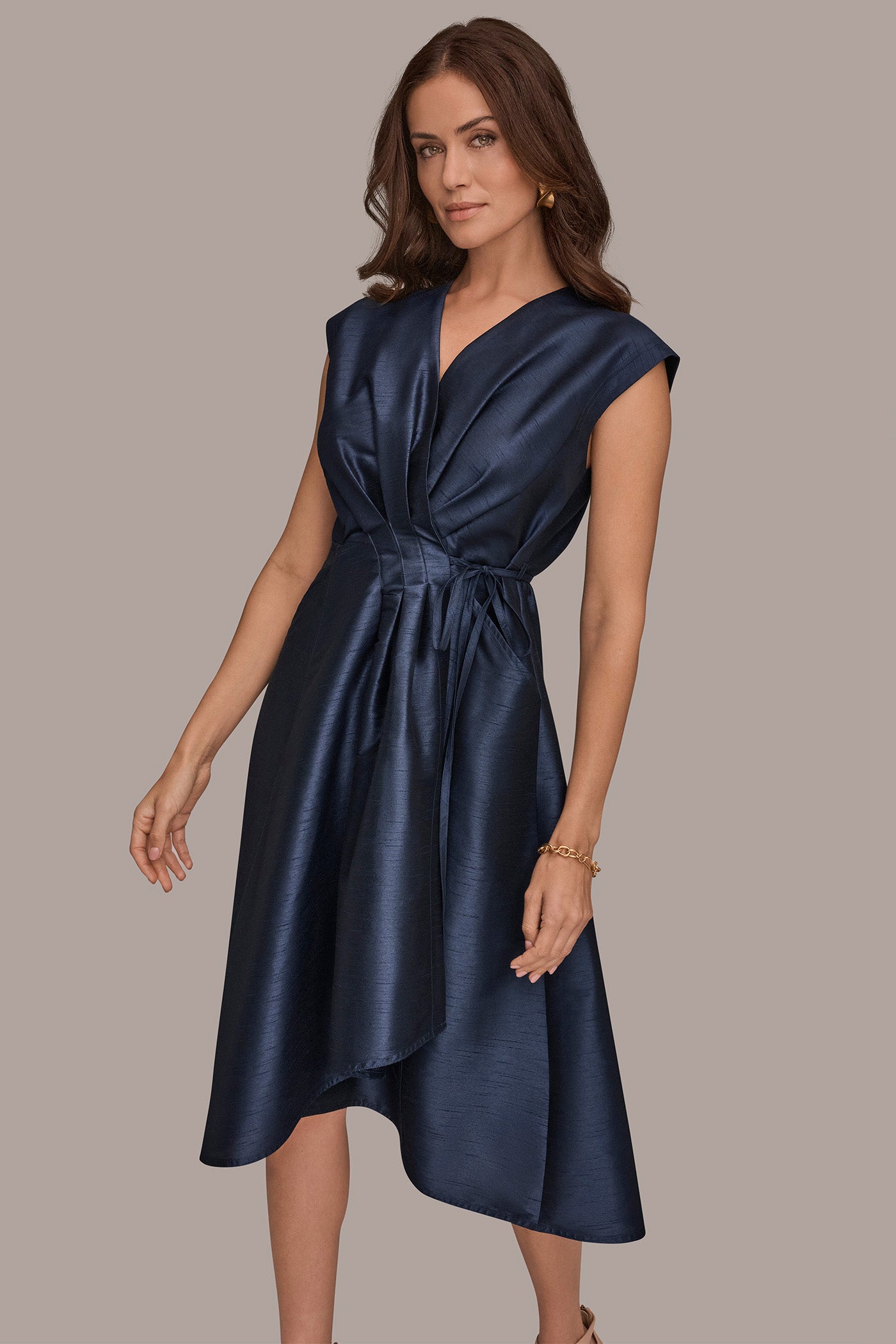 Donna Karan Women's Sleeveless Pleated Midi Wrap Dress in Taffeta Blue Donna Karan Women's Sleeveless Pleated Midi Wrap Dress in Taffeta Blue