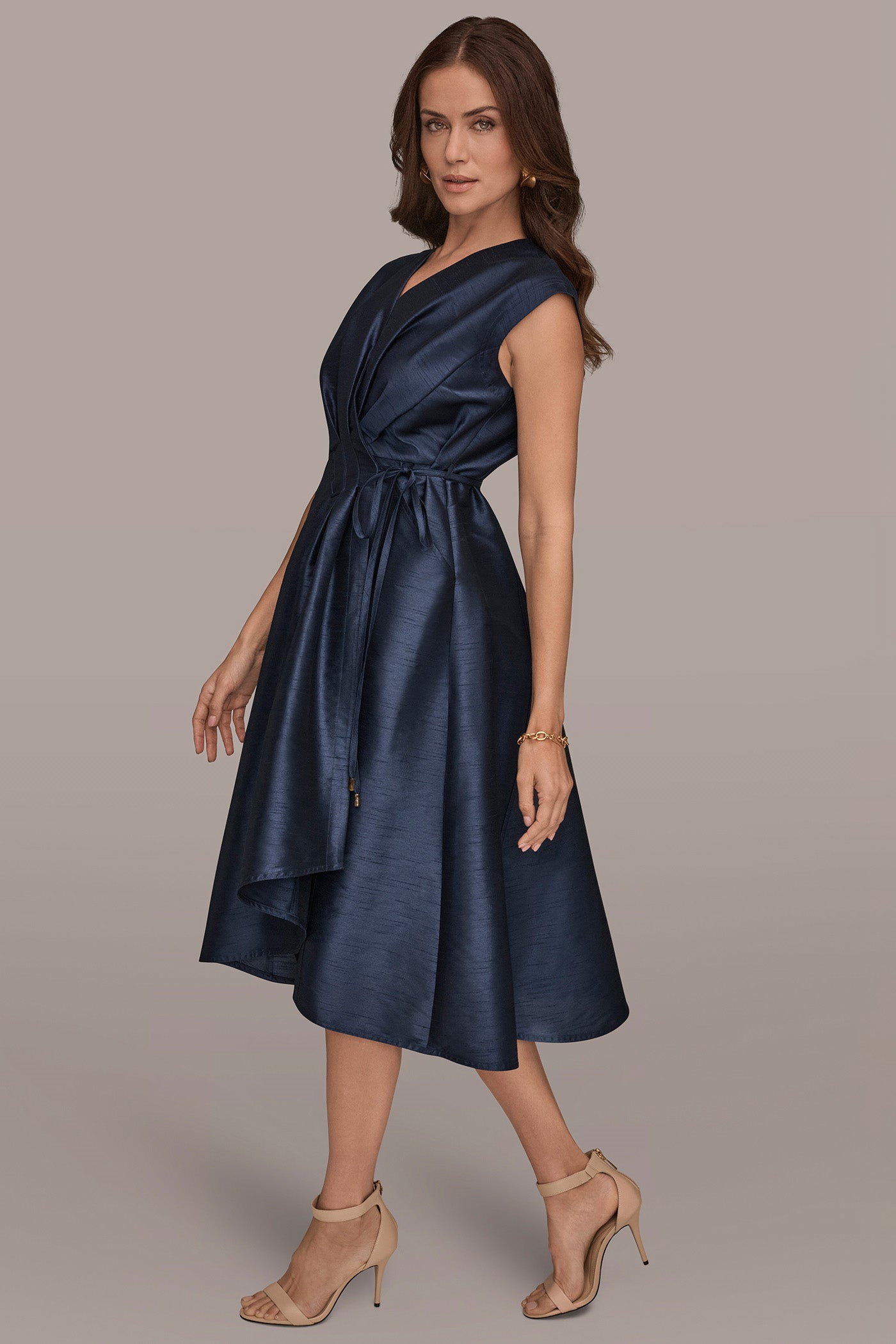Donna Karan Women's Sleeveless Pleated Midi Wrap Dress in Taffeta Blue Donna Karan Women's Sleeveless Pleated Midi Wrap Dress in Taffeta Blue