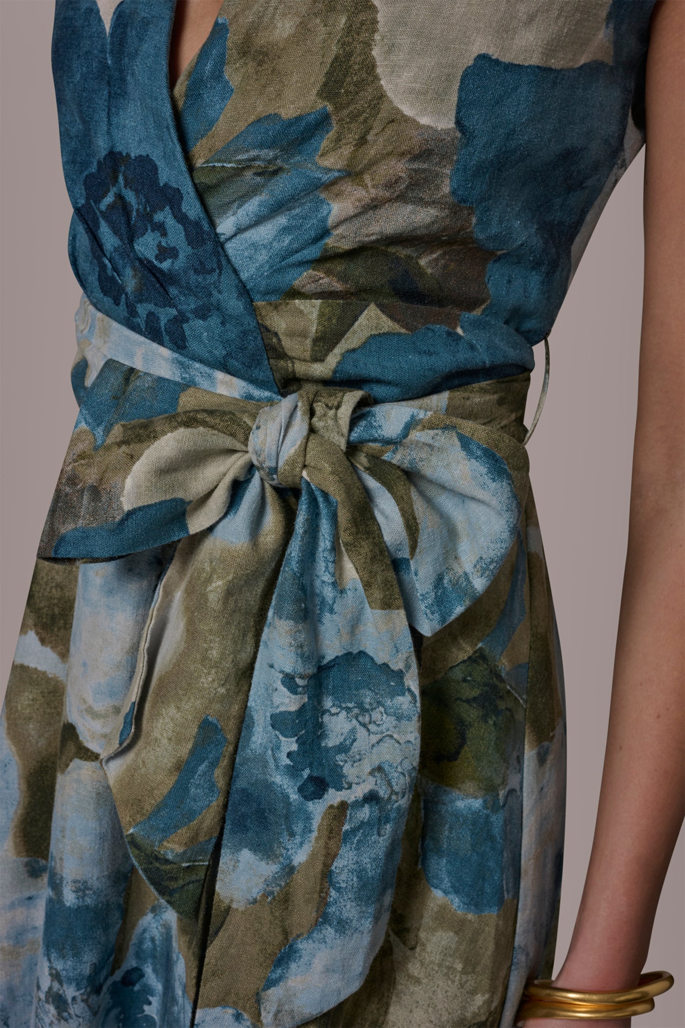 LINEN-BLEND SLEEVELESS FLORAL WRAP-EFFECT A-LINE DRESS VIEW 6 | New Arrivals