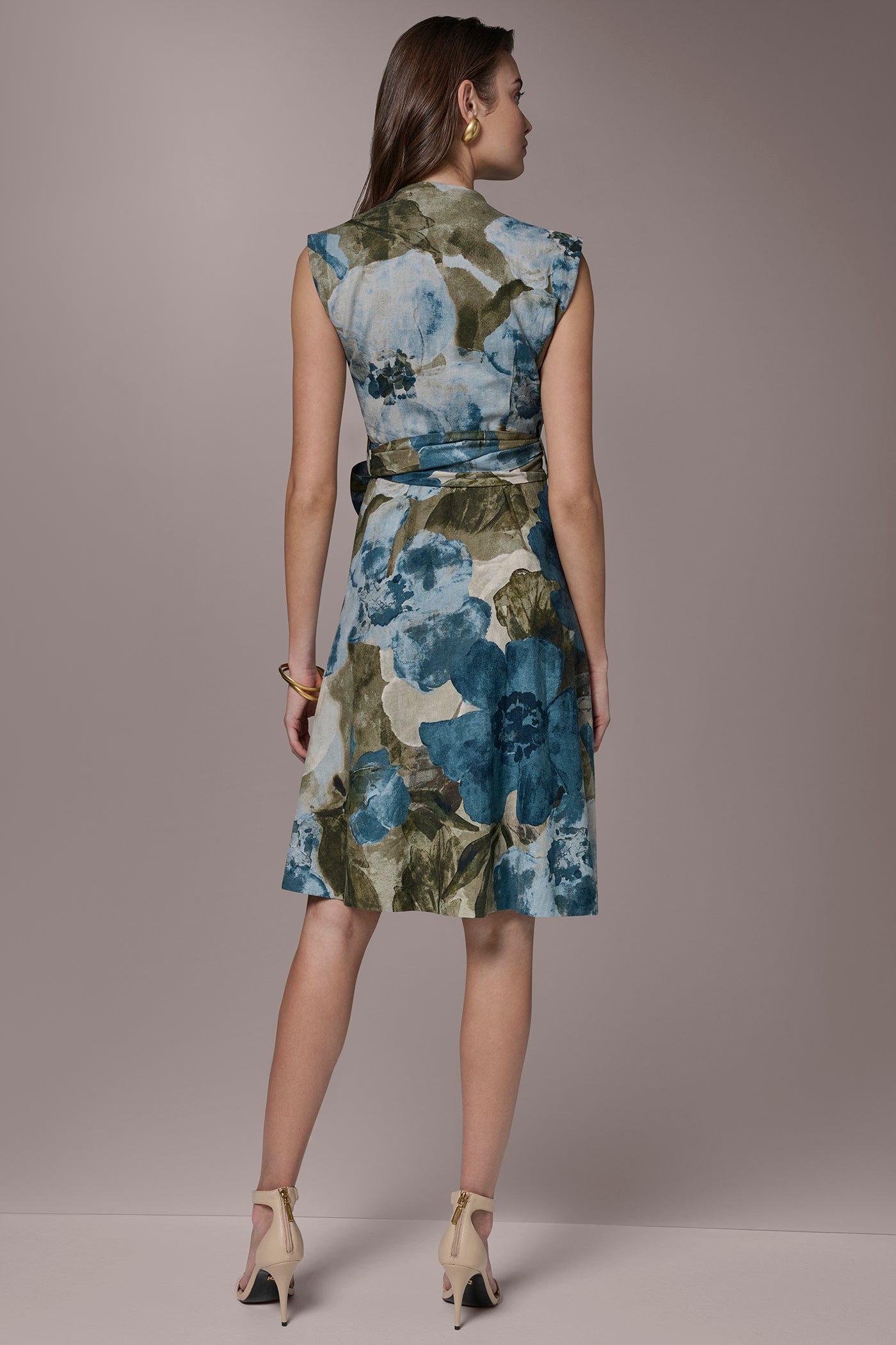 LINEN-BLEND SLEEVELESS FLORAL WRAP-EFFECT A-LINE DRESS | View 2 | New Arrivals