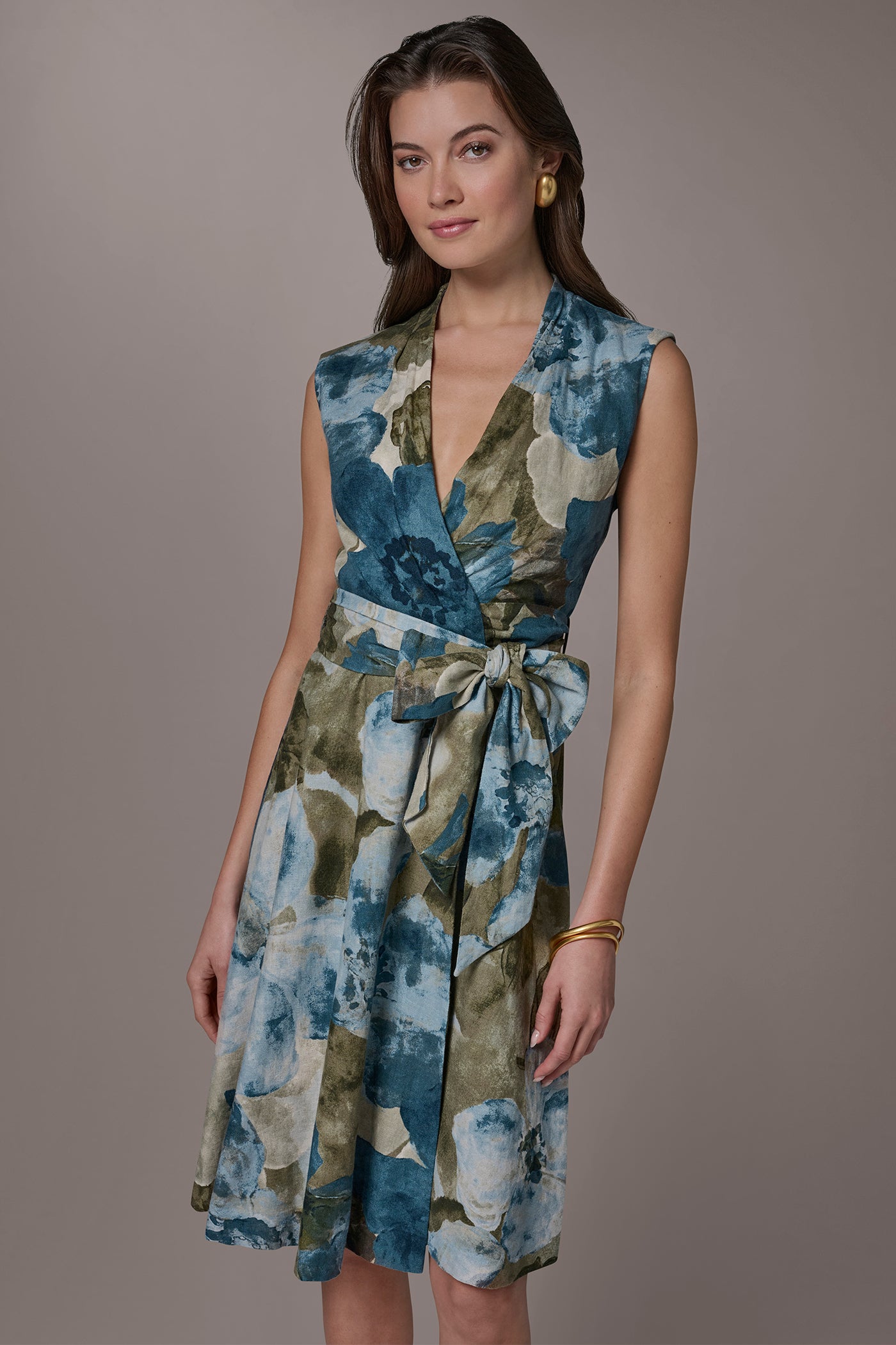 Donna Karan Women's Linen-Blend Sleeveless Floral Wrap A-Line Dress in Washed Indigo Multi Donna Karan Women's Linen-Blend Sleeveless Floral Wrap A-Line Dress in Washed Indigo Multi
