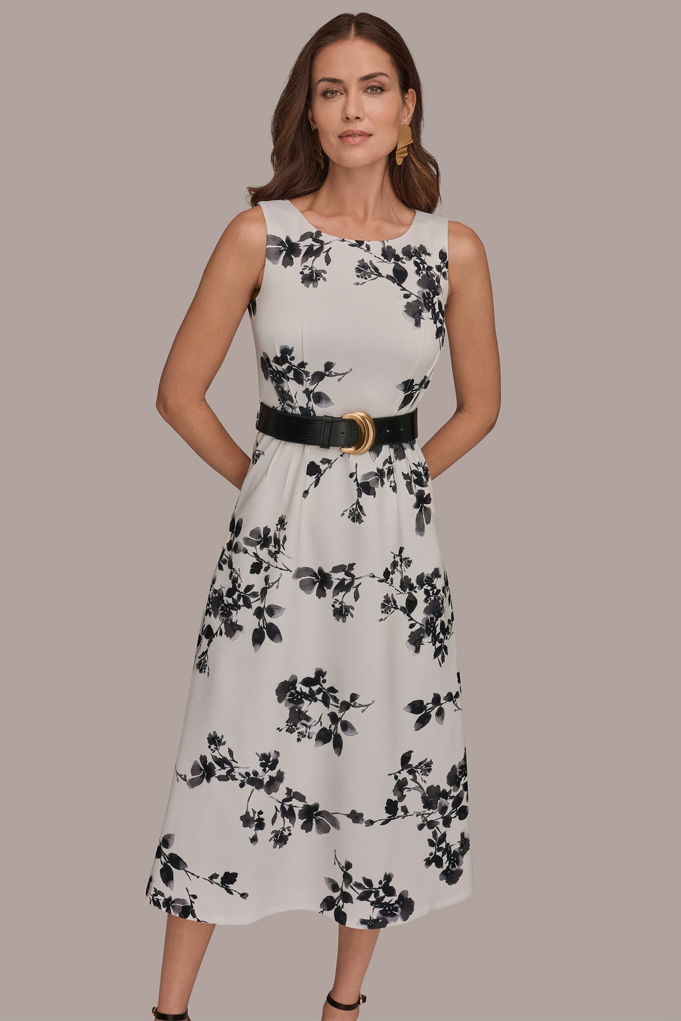Donna Karan New York Women's Floral Belted Midi Dress - Cream/Black Multi Donna Karan New York Women's Floral Belted Midi Dress - Cream/Black Multi