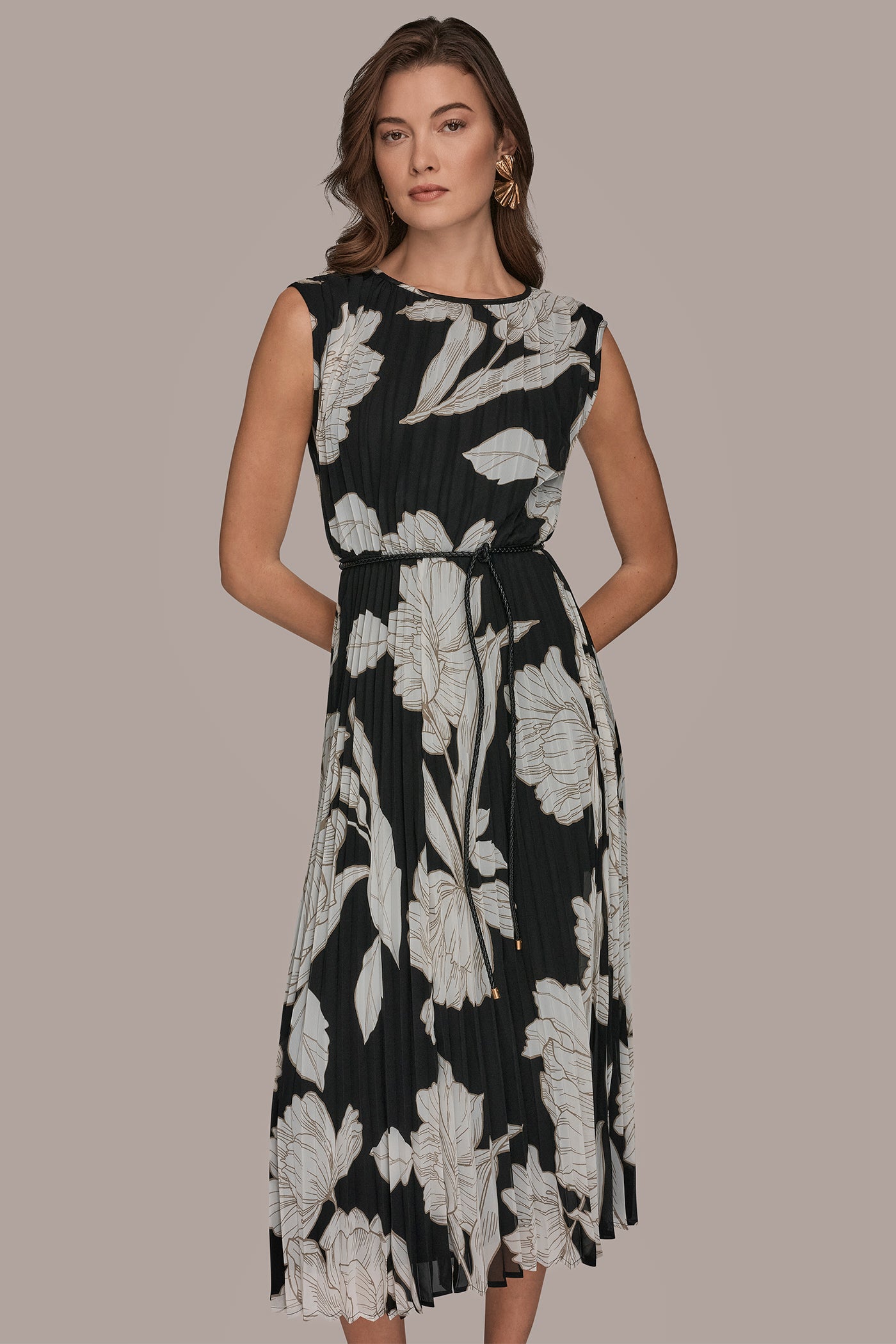 Donna Karan Women's Floral Crew Neck Midi Dress - Black/Fawn/Cream - 6 Donna Karan Women's Floral Crew Neck Midi Dress - Black/Fawn/Cream - 6