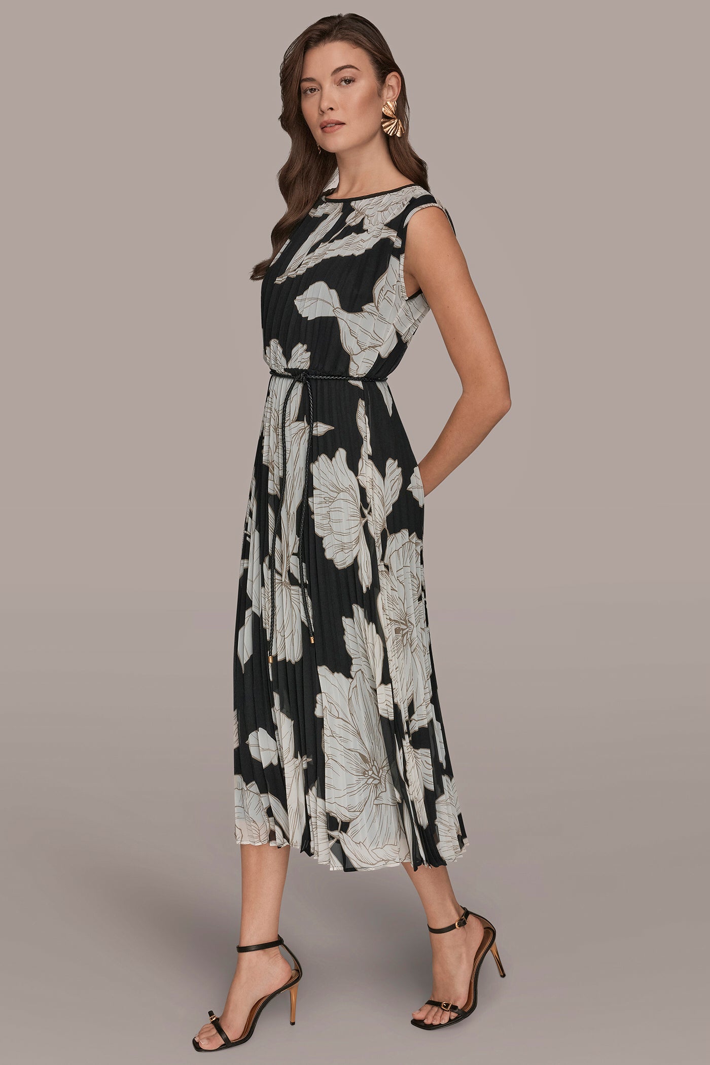 CHIFFON A-LINE MIDI DRESS WITH BELT VIEW 3
