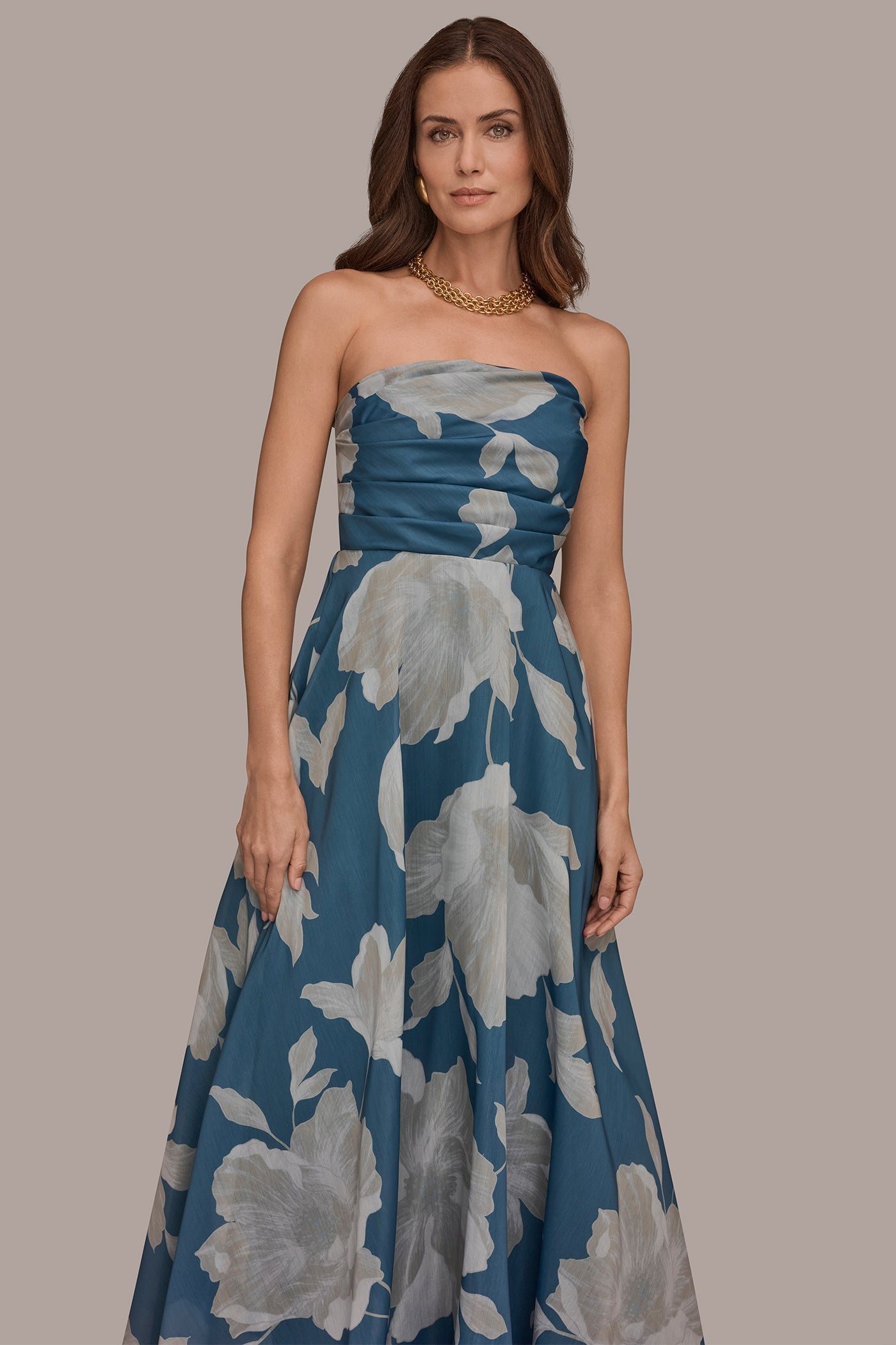 ORGANZA STRAPLESS FLORAL PLEATED GOWN VIEW 4 | New Dresses