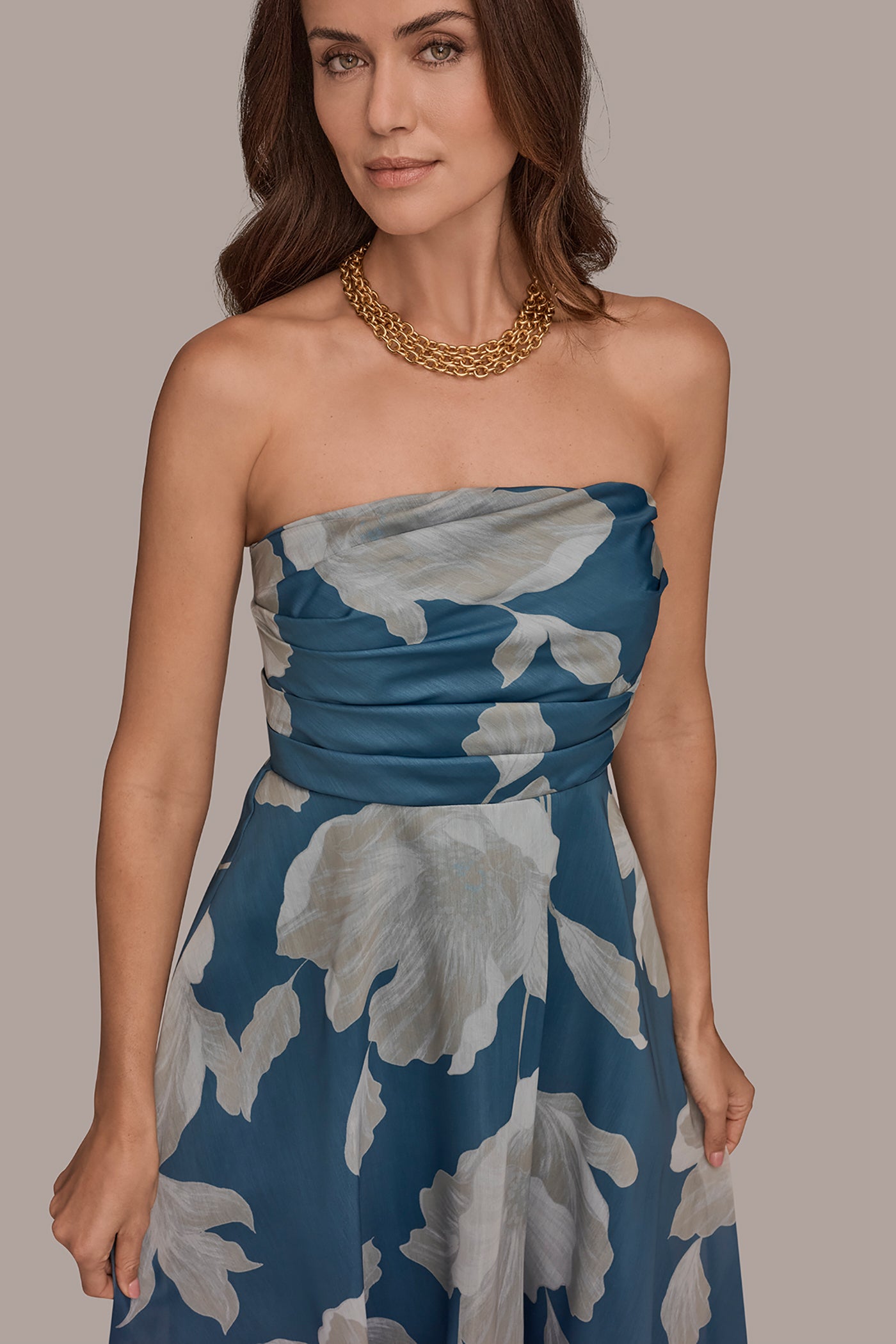 ORGANZA STRAPLESS FLORAL PLEATED GOWN VIEW 5 | New Dresses