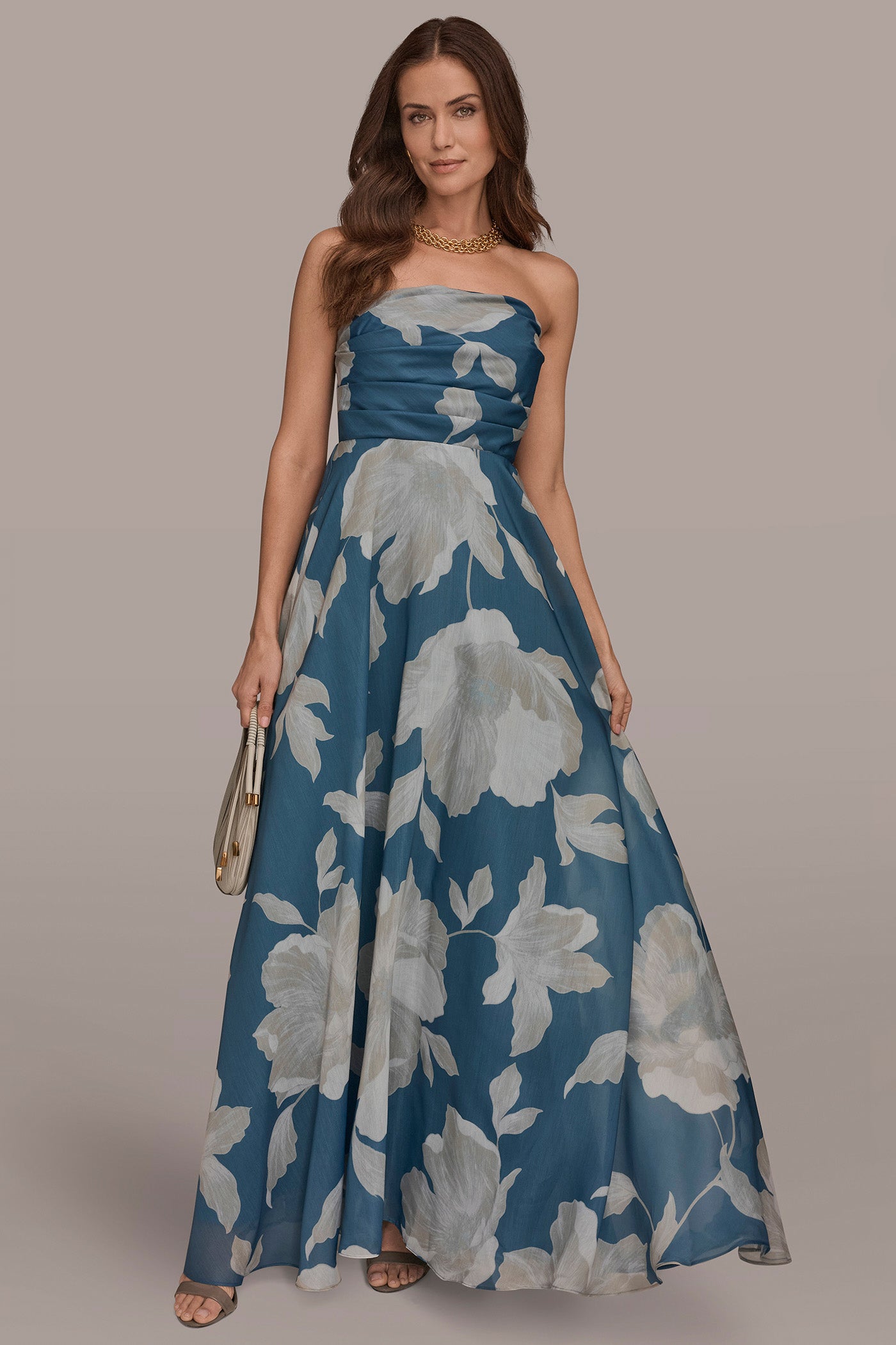 ORGANZA STRAPLESS FLORAL PLEATED GOWN | View 1 | New Dresses