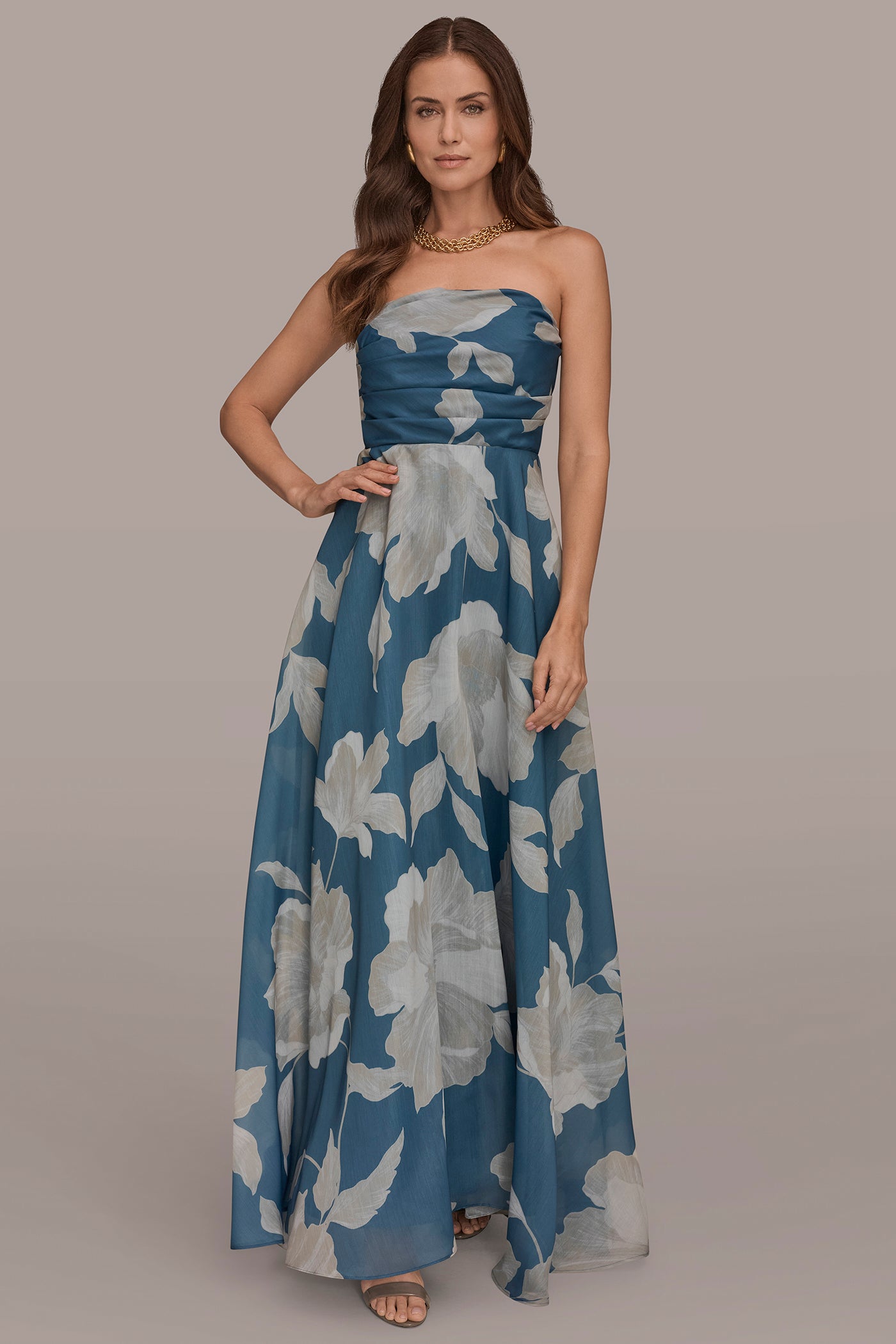 ORGANZA STRAPLESS FLORAL PLEATED GOWN VIEW 7 | New Dresses