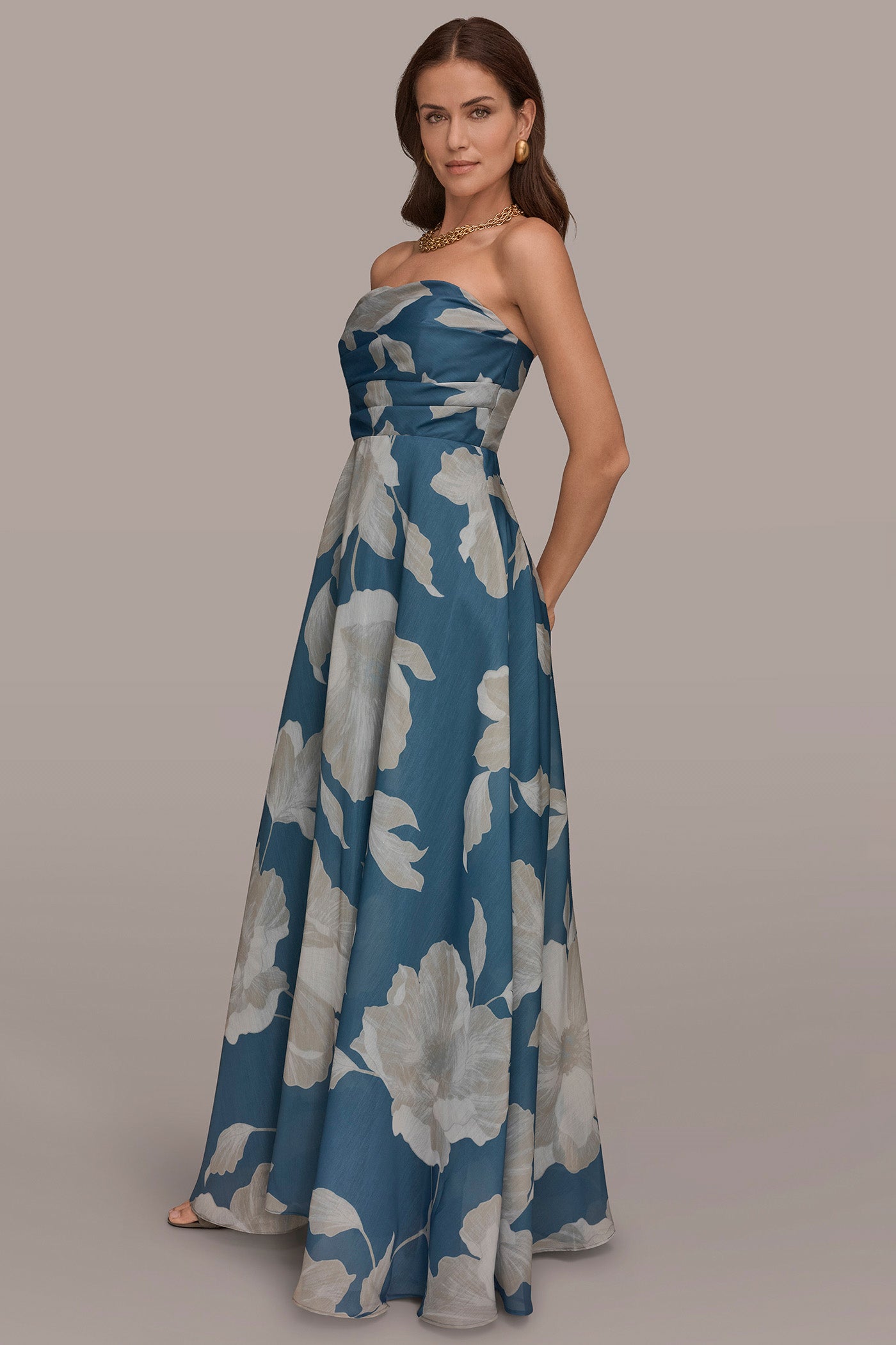 ORGANZA STRAPLESS FLORAL PLEATED GOWN VIEW 3 | New Dresses