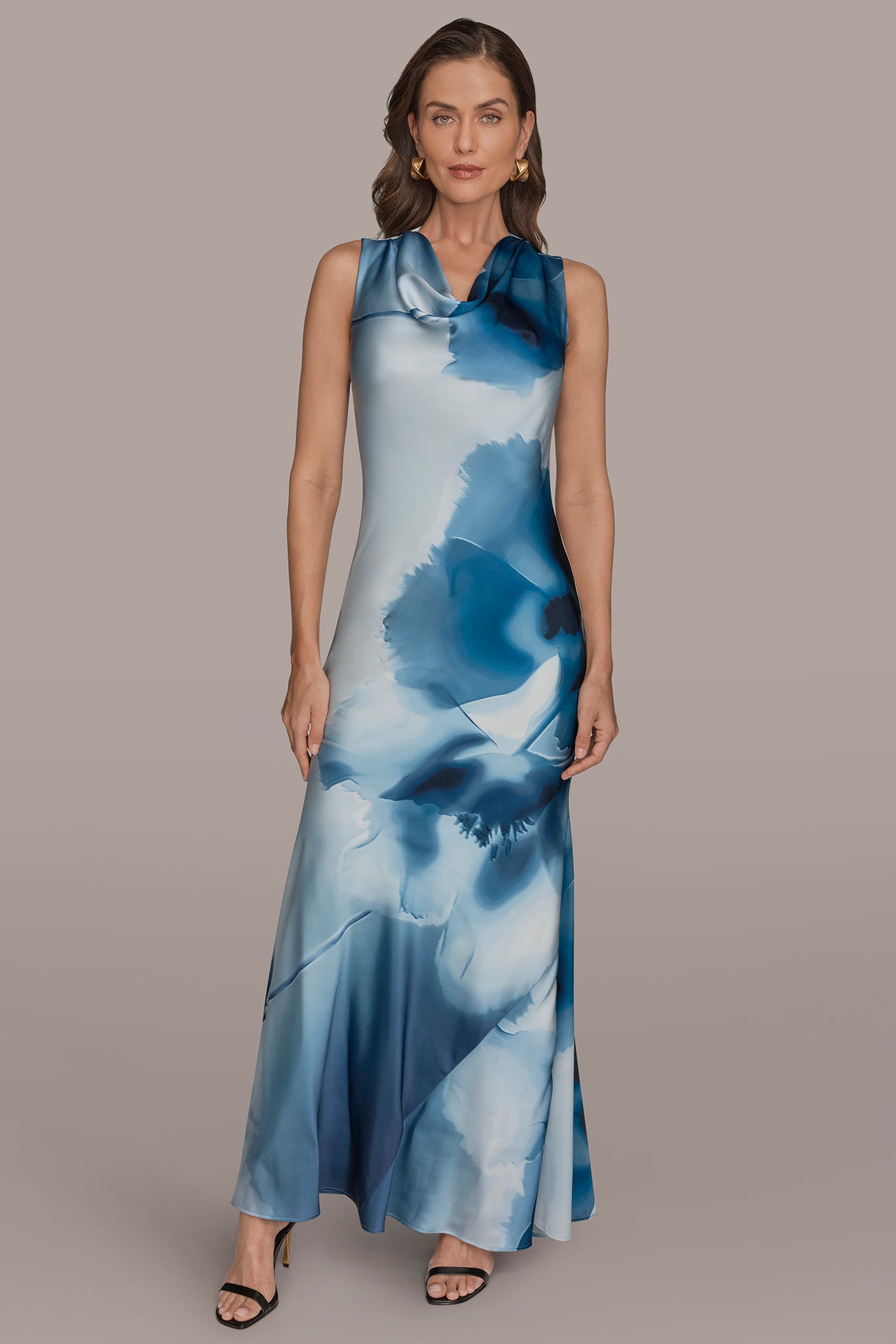 Donna Karan Women's Printed Charmeuse Cowl Neck Gown - Blue - Size 4 - Washed Indigo Donna Karan Women's Printed Charmeuse Cowl Neck Gown - Blue - Size 4 - Washed Indigo