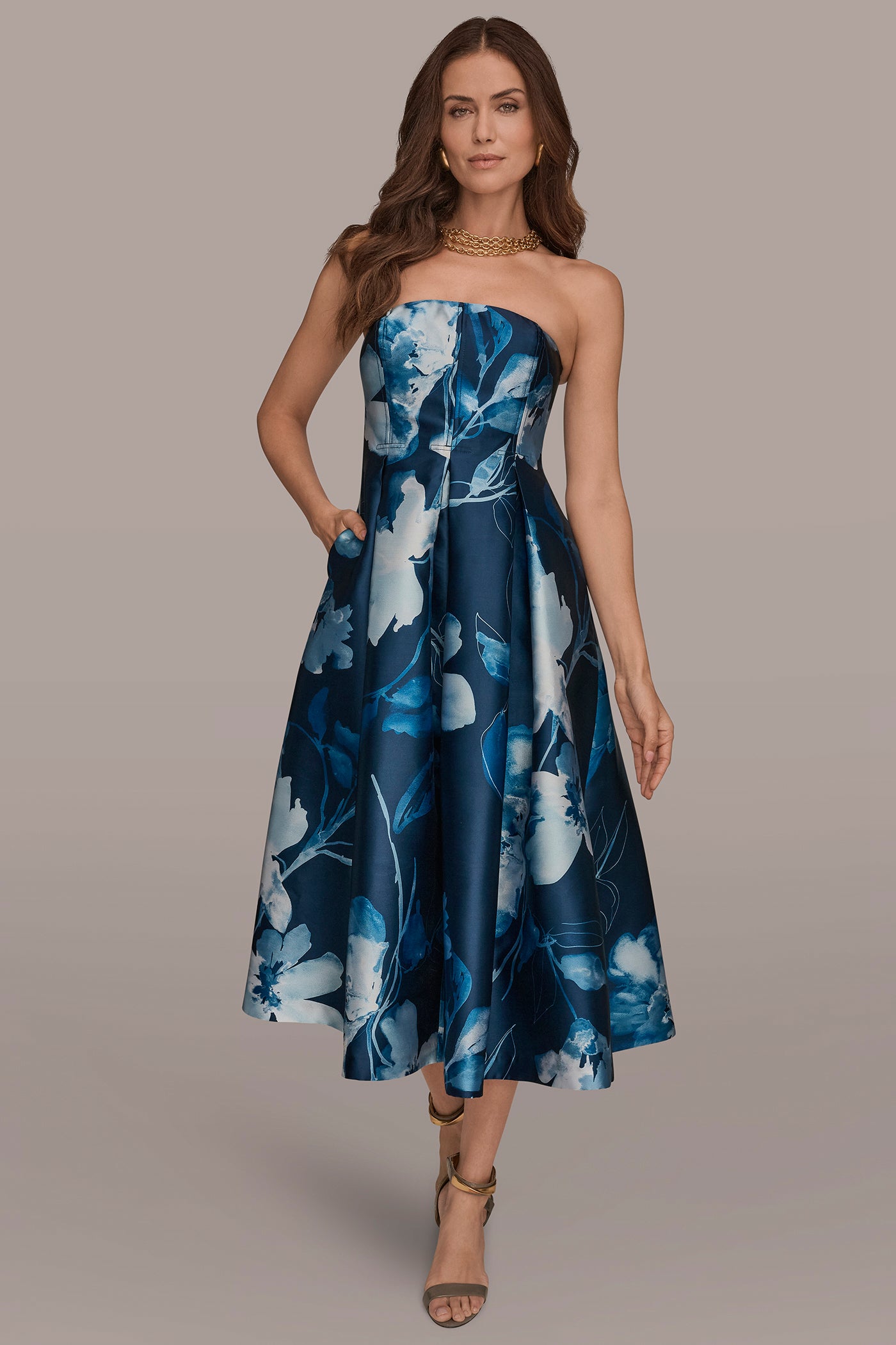 Donna Karan Women's Mikado Strapless Floral Midi Gown Dress in Nightfall/Washed Indigo Donna Karan Women's Mikado Strapless Floral Midi Gown Dress in Nightfall/Washed Indigo