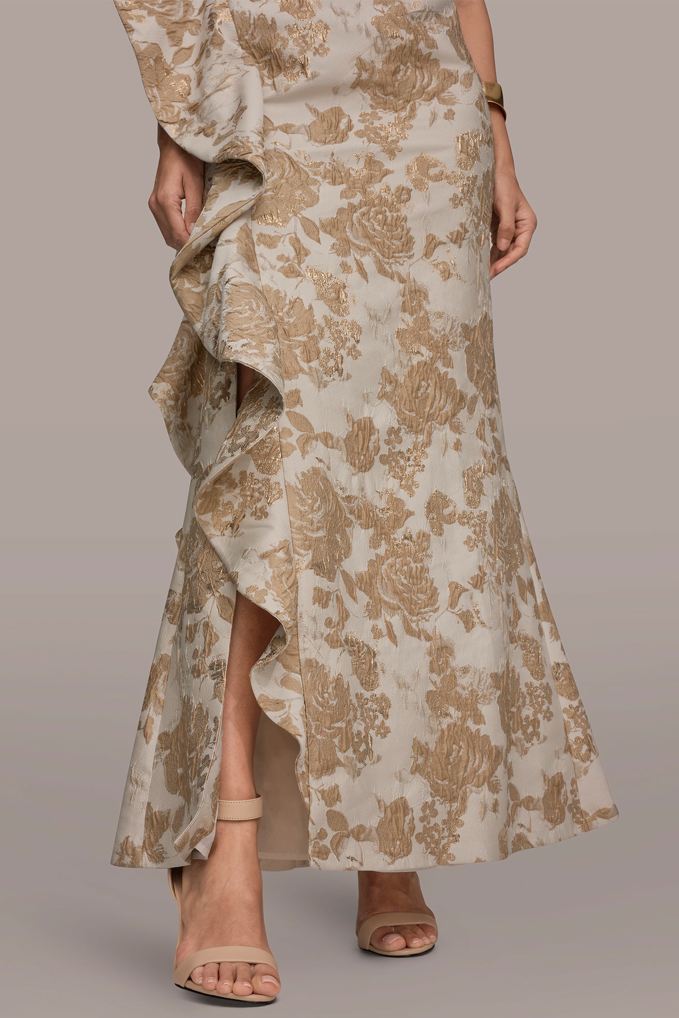 FLORAL-JACQUARD ONE-SHOULDER RUFFLE GOWN VIEW 5 | New Arrivals
