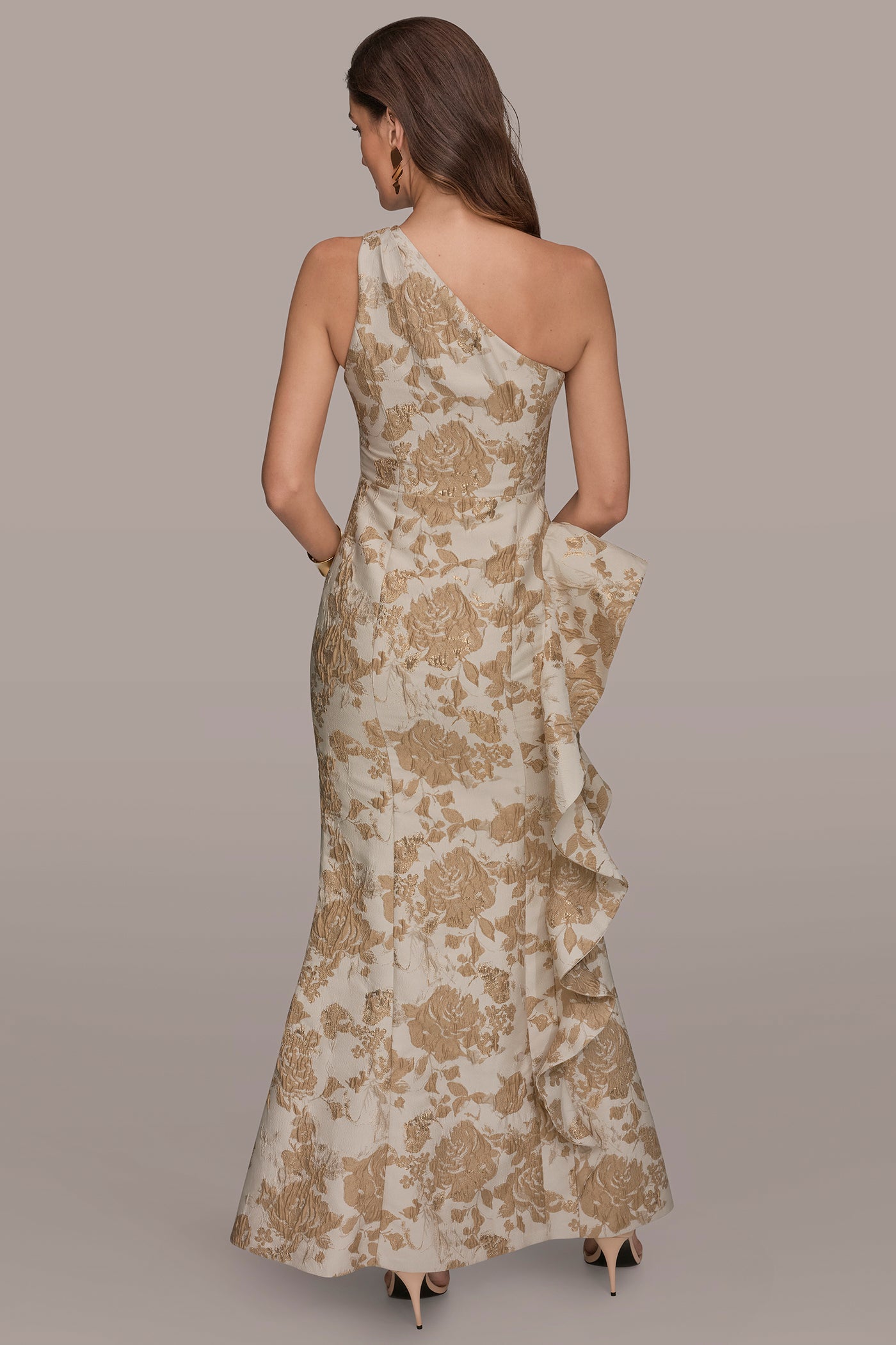 FLORAL-JACQUARD ONE-SHOULDER RUFFLE GOWN | View 2 | New Arrivals