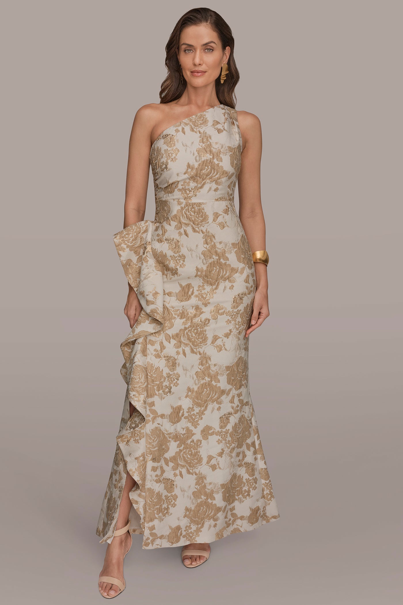 FLORAL-JACQUARD ONE-SHOULDER RUFFLE GOWN | View 1 | New Arrivals