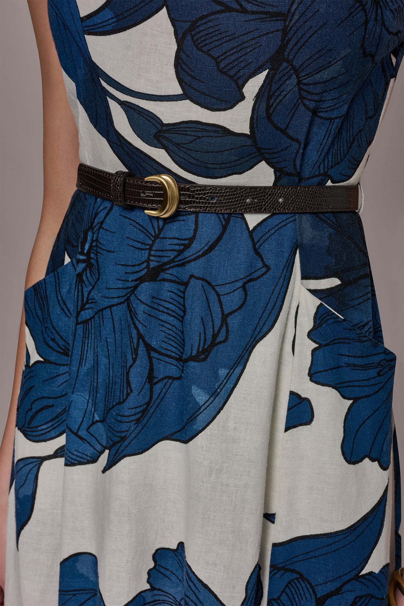 LINEN-BLEND SLEEVELESS ASYMMETRIC FLORAL MIDI A-LINE DRESS VIEW 6 | New Arrivals