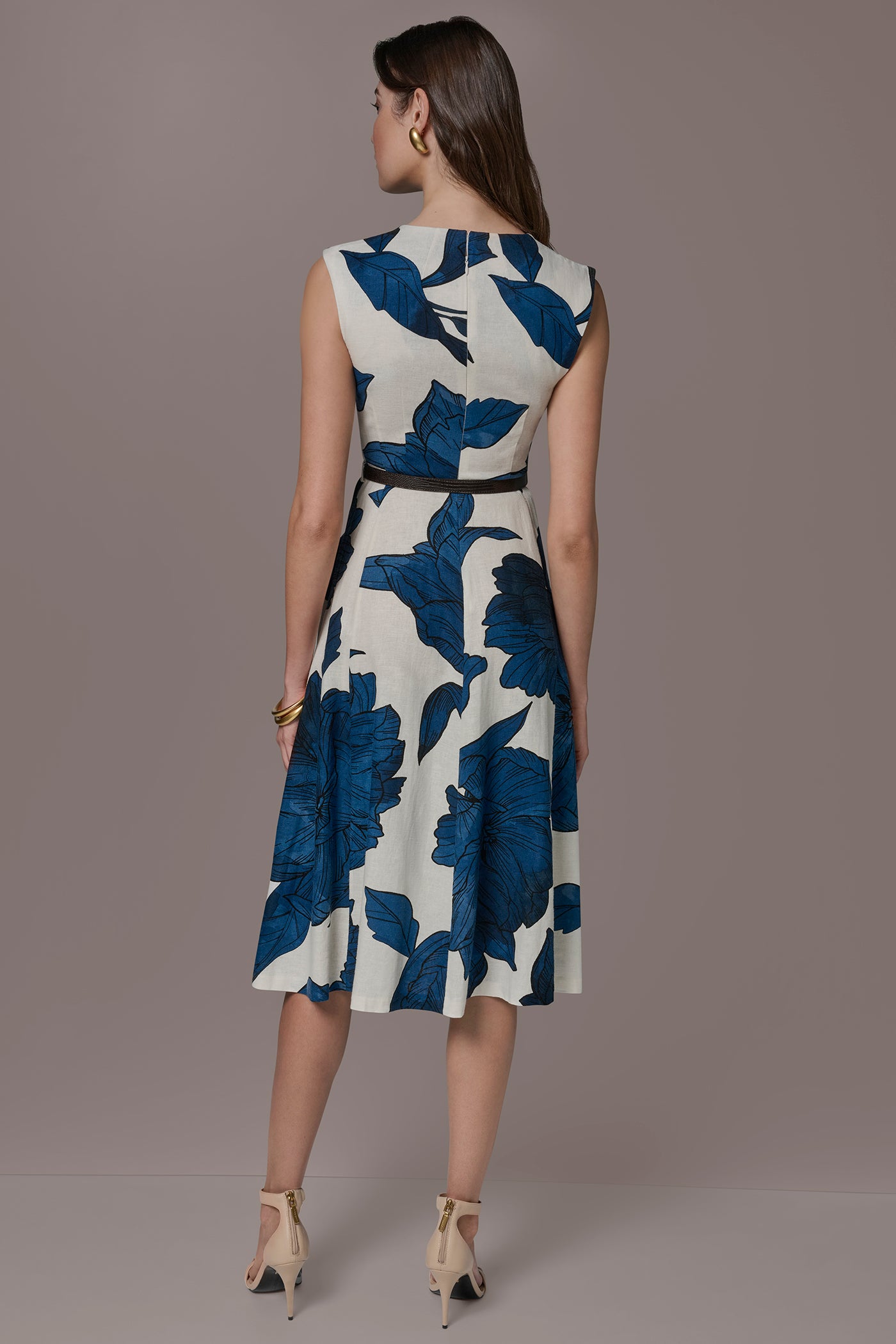 Donna Karan Women's Linen-Blend Sleeveless Asymmetric Floral Midi A-Line Dress in Cream/Nightfall Multi Blue, Size 2