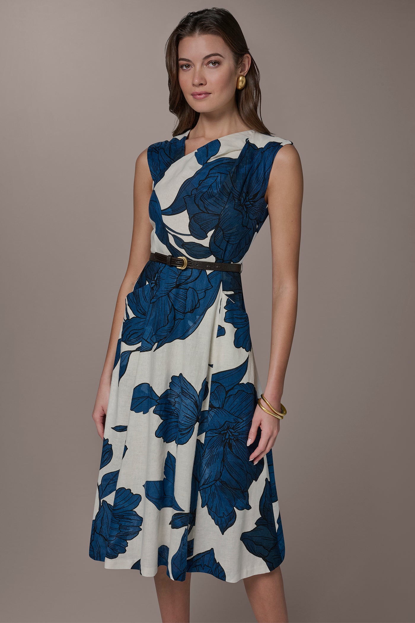 Donna Karan Women's Linen-Blend Sleeveless Asymmetric Floral Midi A-Line Dress in Cream/Nightfall Multi Blue, Size 2