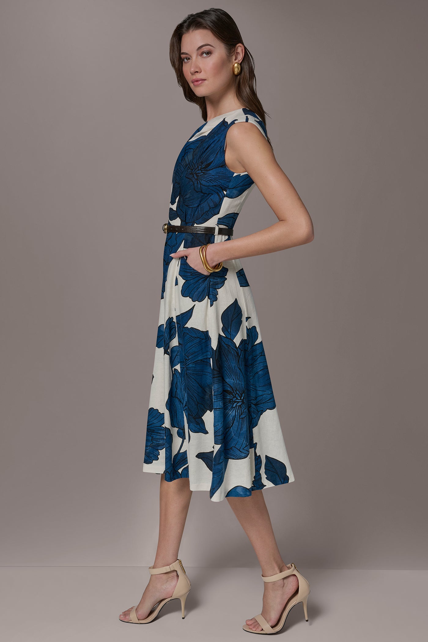 LINEN-BLEND SLEEVELESS ASYMMETRIC FLORAL MIDI A-LINE DRESS VIEW 3 | New Arrivals