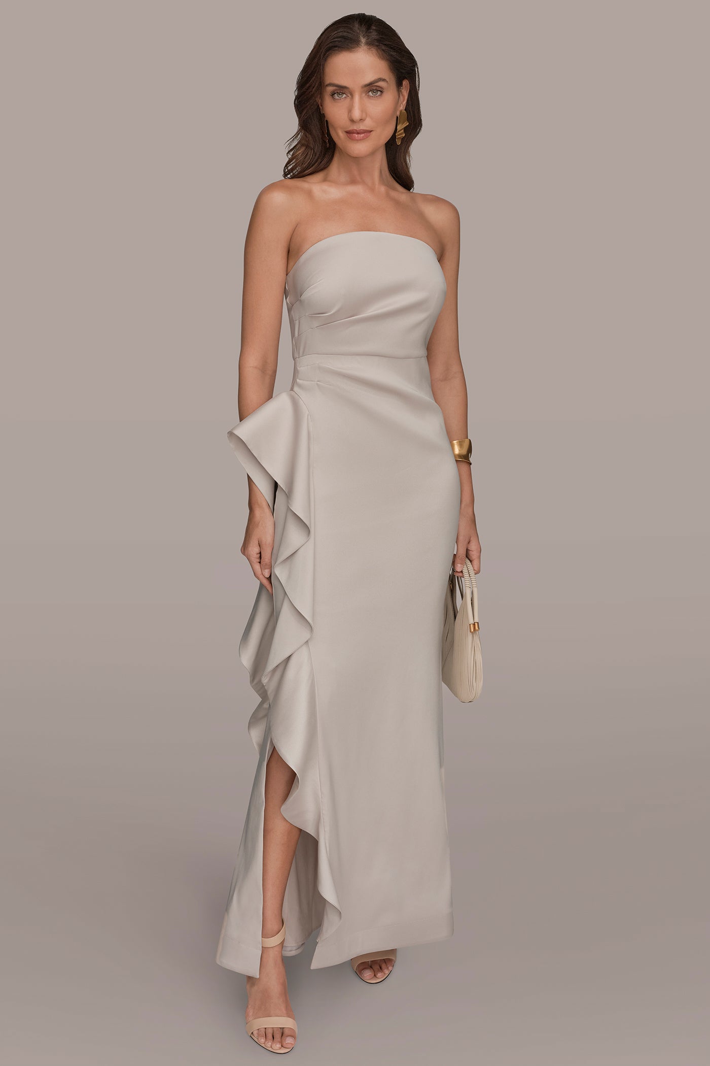 STRAPLESS SIDE RUFFLE GOWN | View 1 | Dresses & Jumpsuits