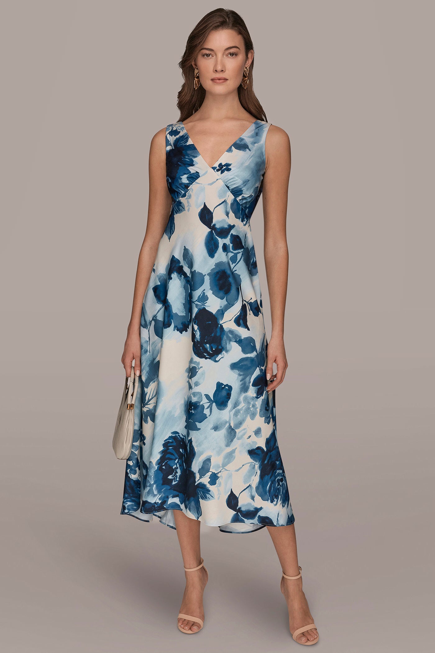 SATIN SLEEVELESS FLORAL MIDI A-LINE DRESS | View 1 | New Dresses